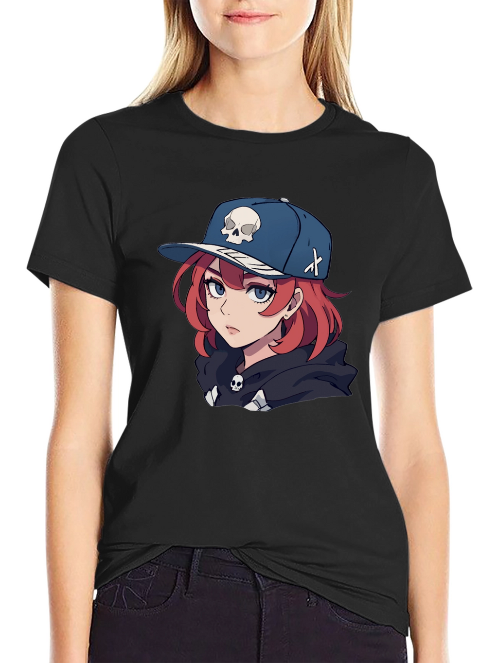 Anime Girl Skull Hat Graphic Black T-Shirt
