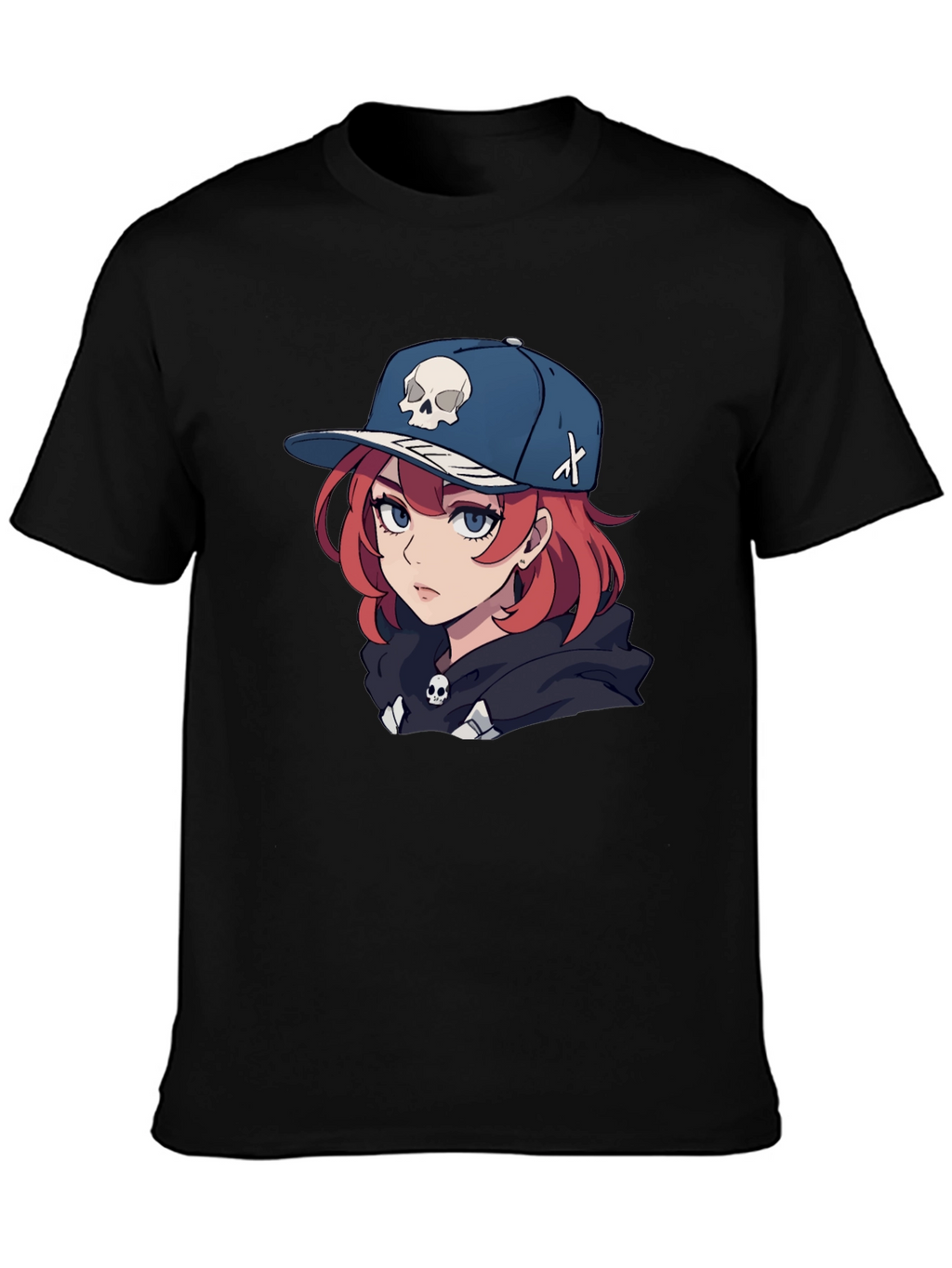 Anime Girl Skull Hat Graphic Black T-Shirt