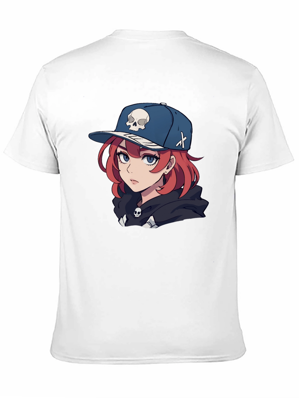 Anime Girl Skull Hat Graphic Black T-Shirt