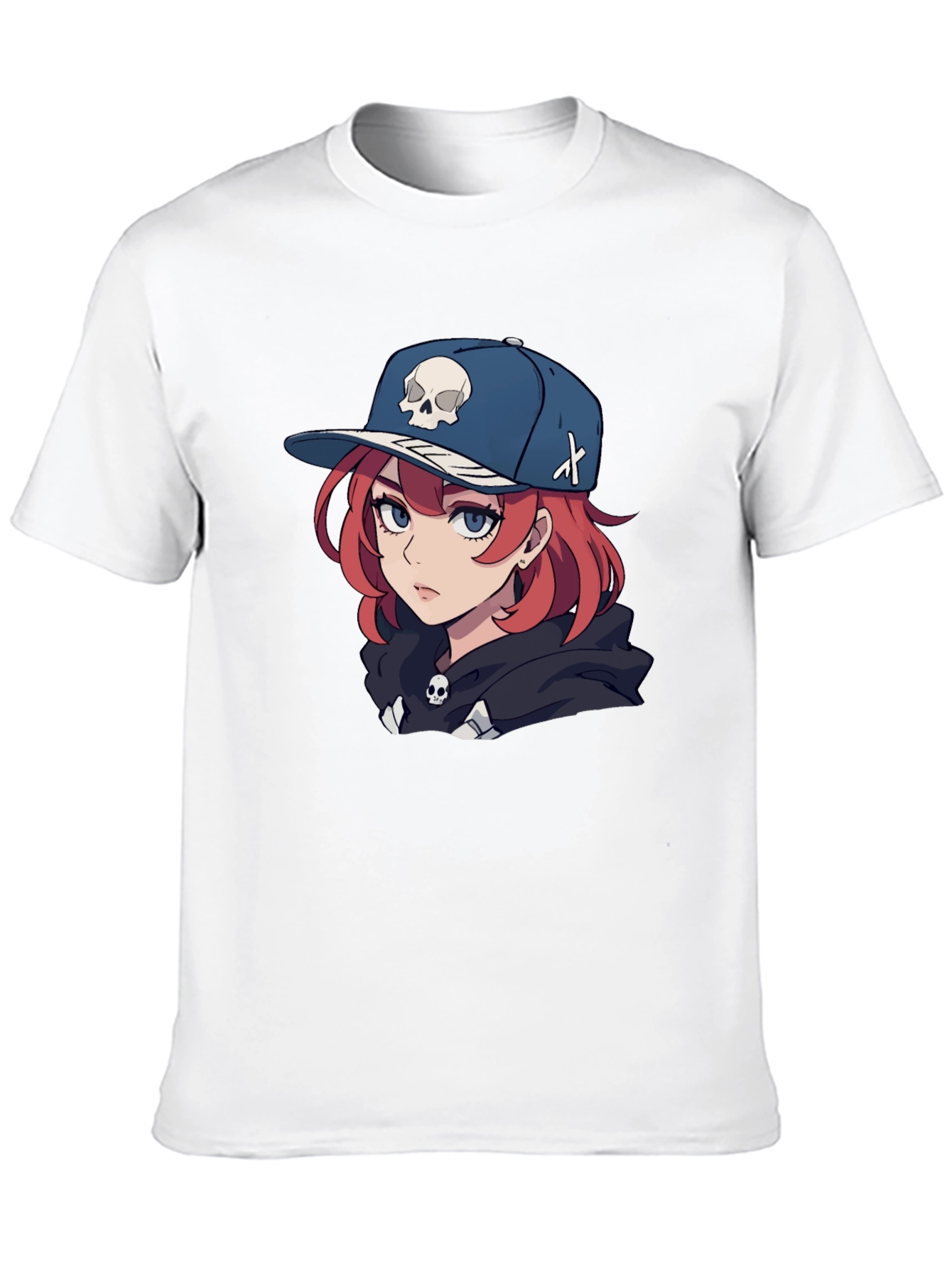 Anime Girl Skull Hat Graphic Black T-Shirt