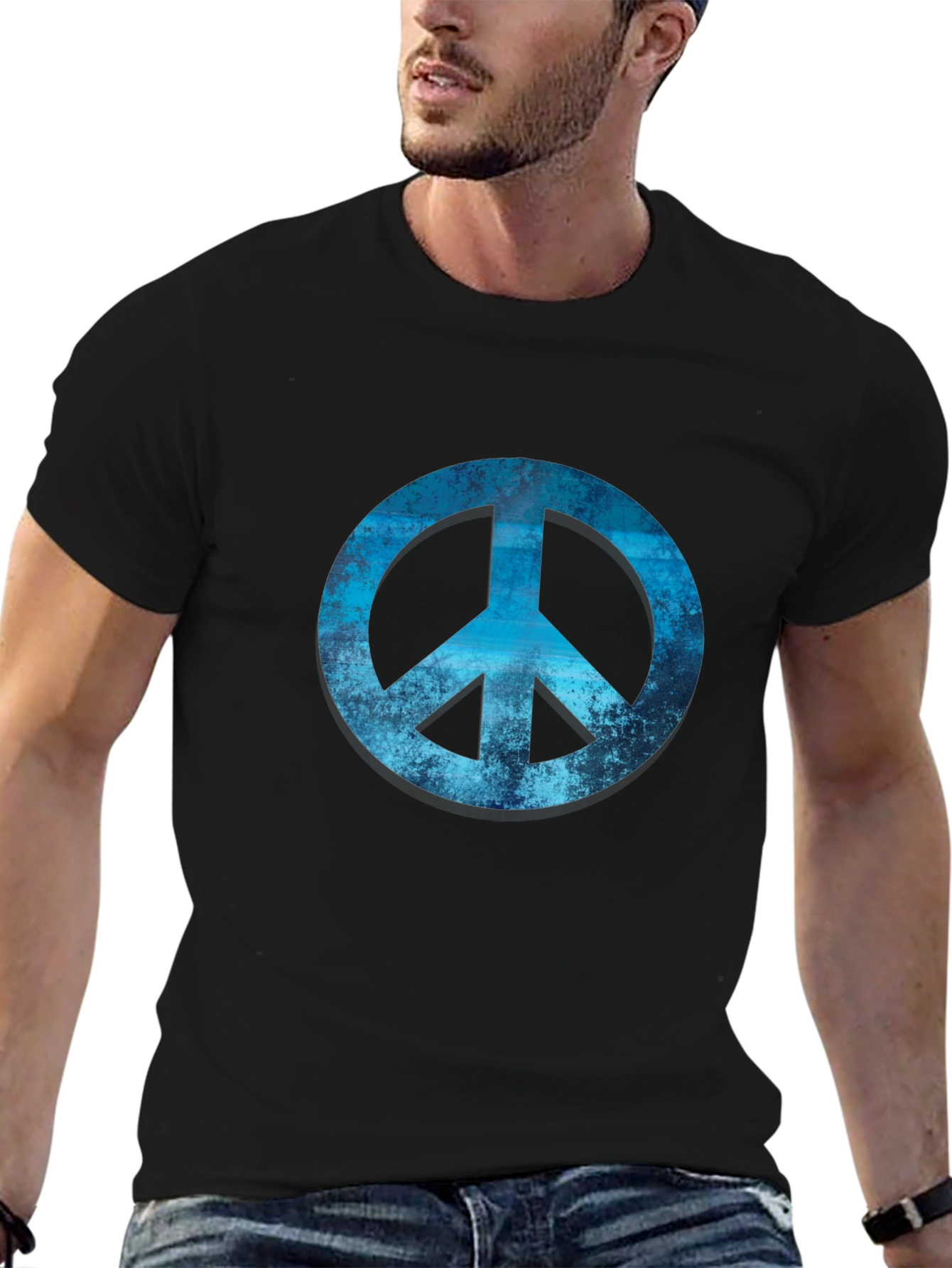 Blue Peace Sign Graphic Black T-Shirt