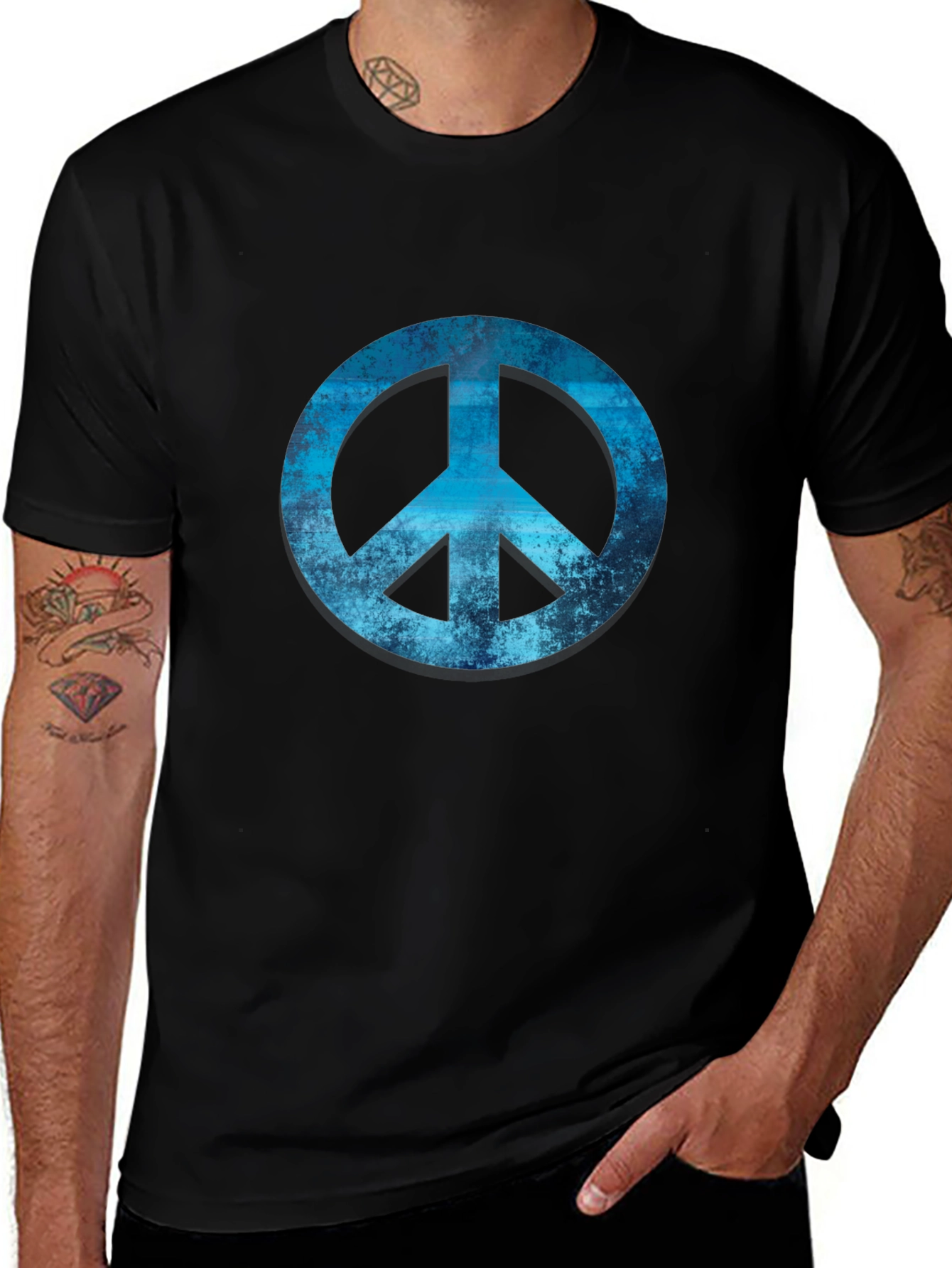 Blue Peace Sign Graphic Black T-Shirt
