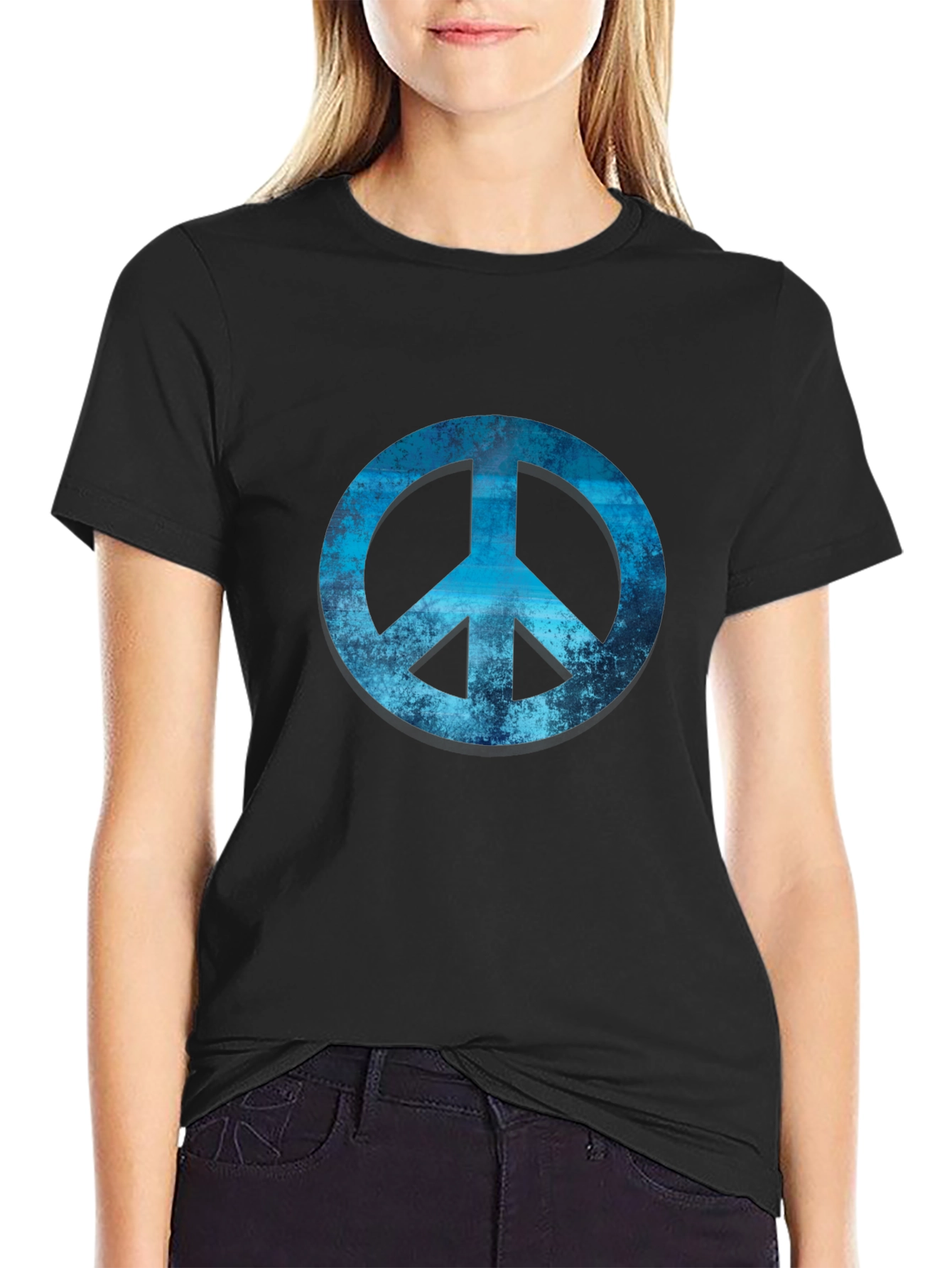 Blue Peace Sign Graphic Black T-Shirt