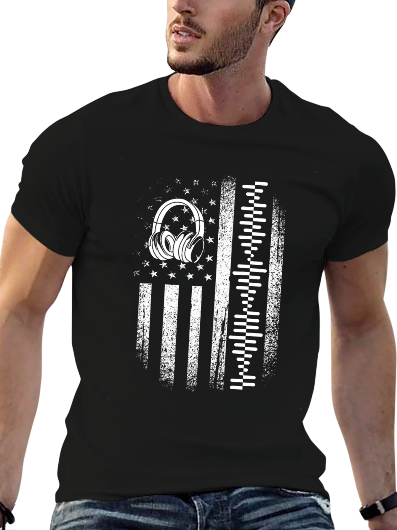 Distressed USA Flag Headphones Graphic Tee