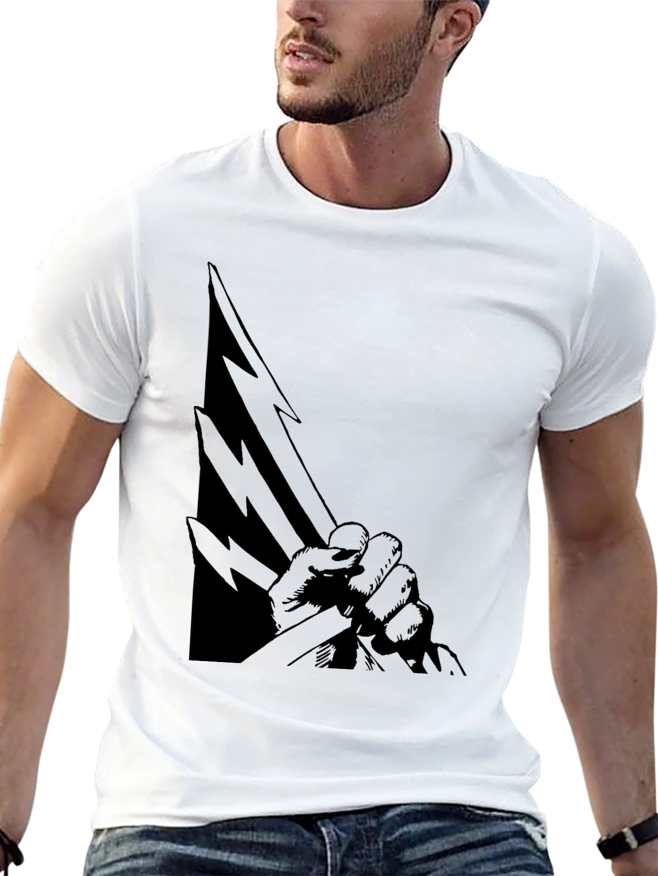 Black Graphic Tee - Fist Holding Lightning Bolts
