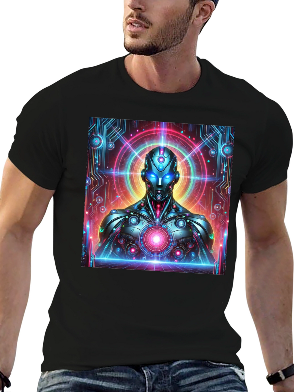 Futuristic Robot Graphic Tee - Black
