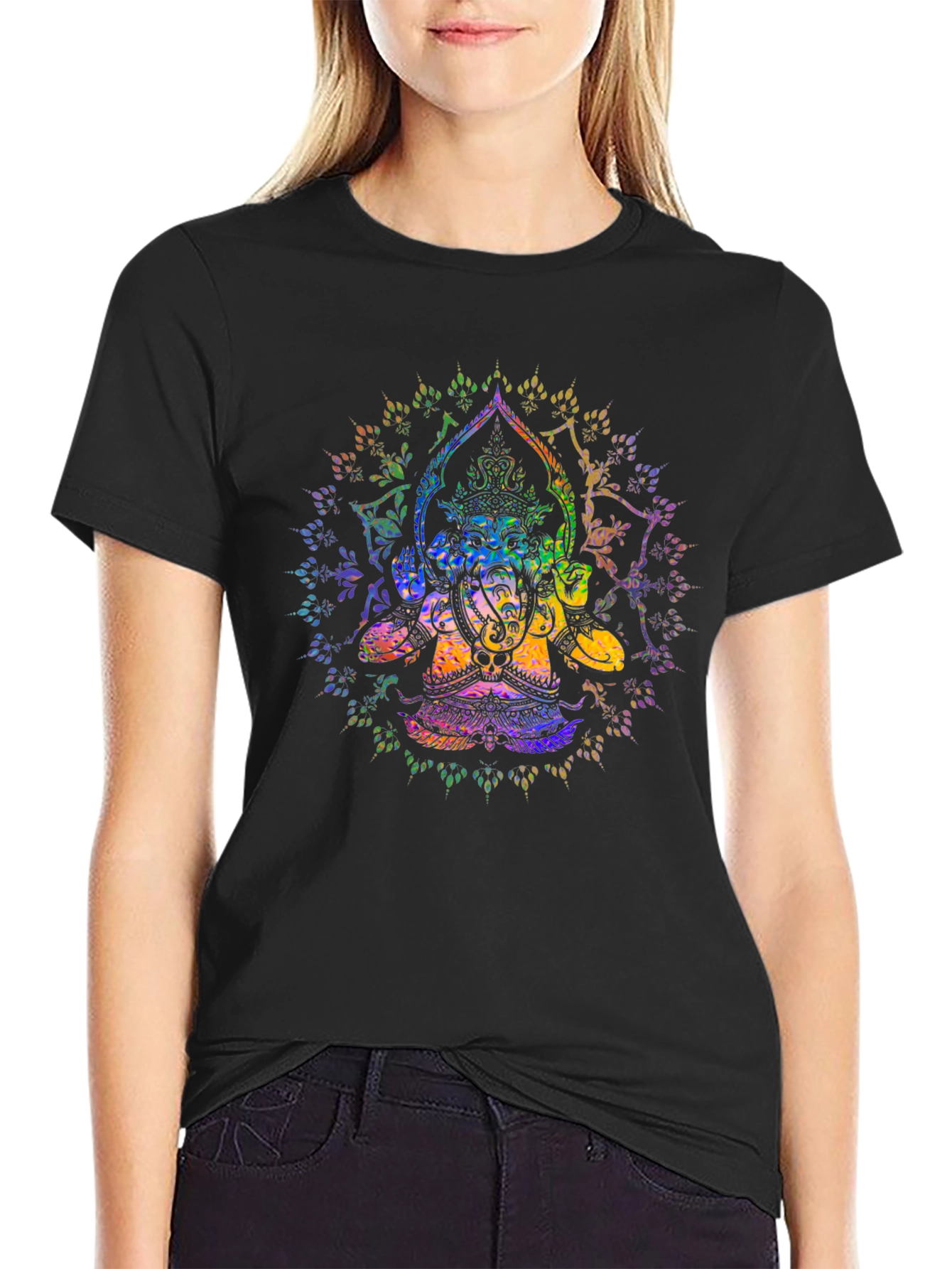 Rainbow Ganesha Graphic Print Black T-Shirt