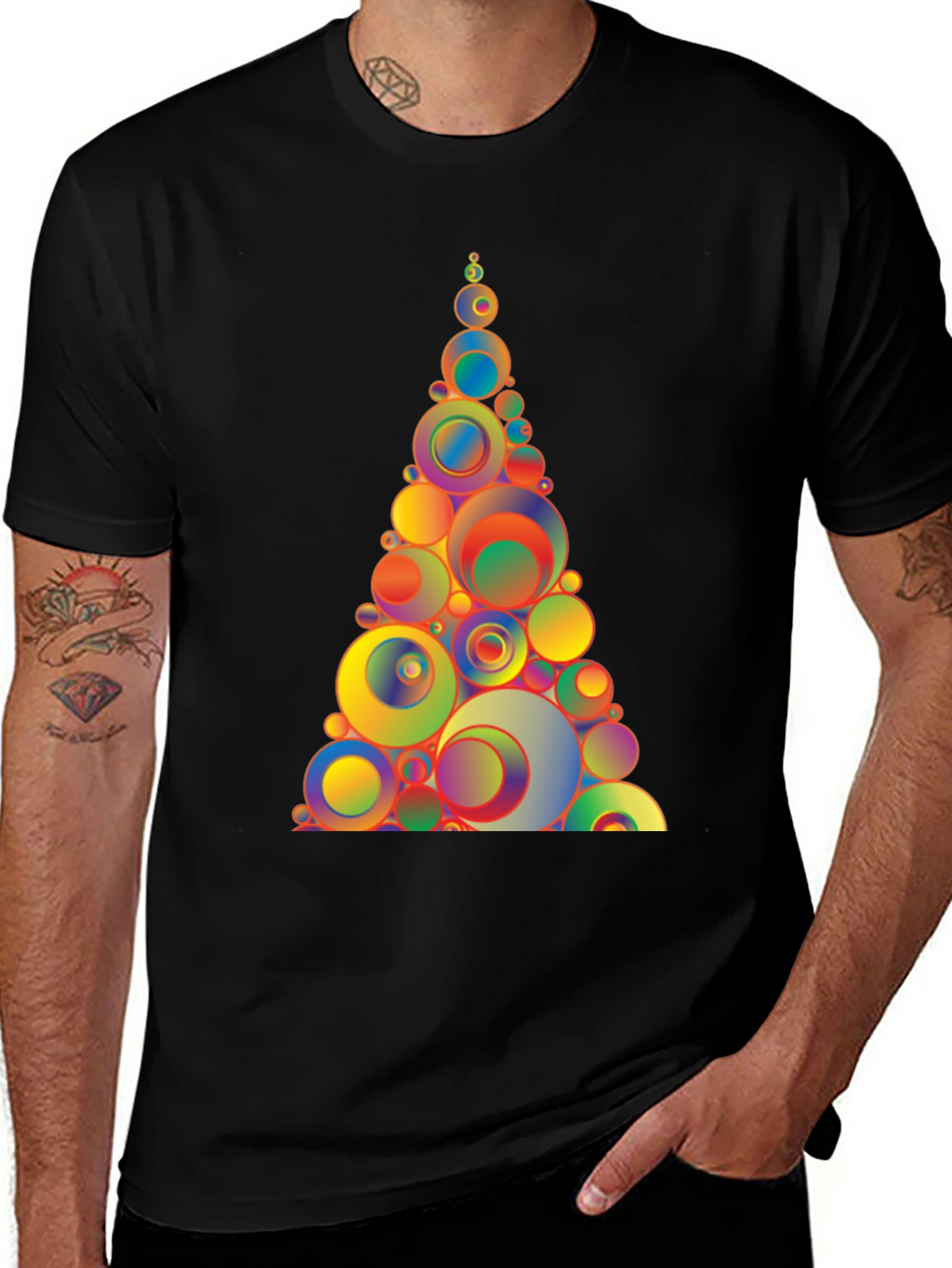 Geometric Circles Tree Black T-Shirt