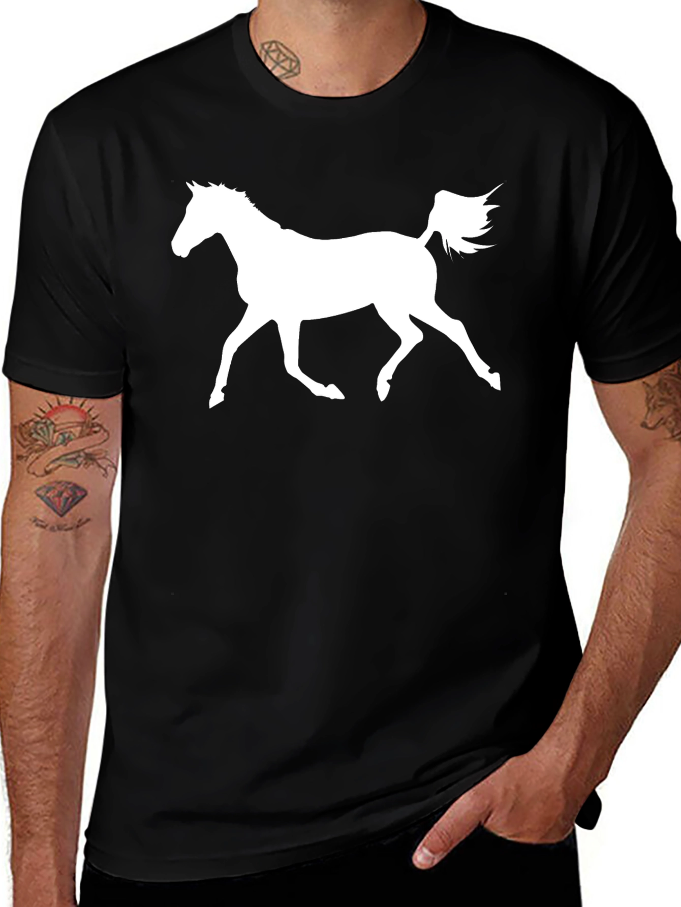 Horse Graphic Tee - Black Cotton Casual T-Shirt