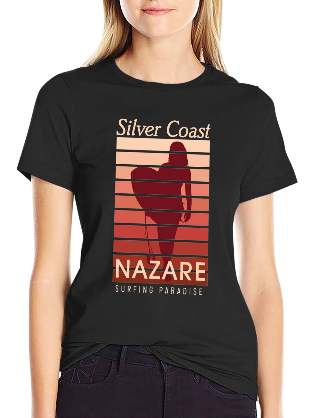 Silver Coast Nazare Surfing Paradise Black T-Shirt