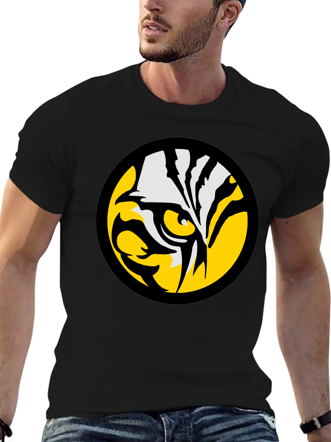 Bold Tiger Eye Graphic Tee - Black Cotton T-Shirt