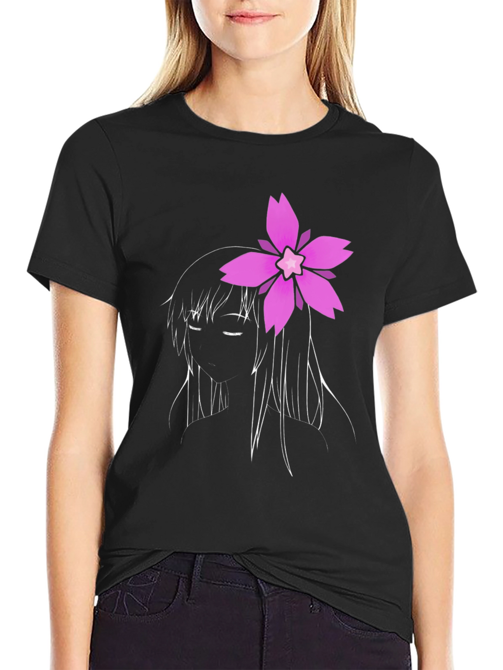 Black Anime Girl Flower Graphic Tee