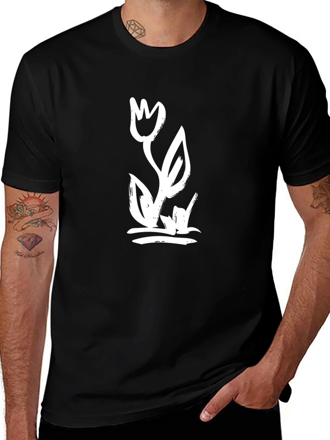 Black Graphic Tee with Artistic Flower Print