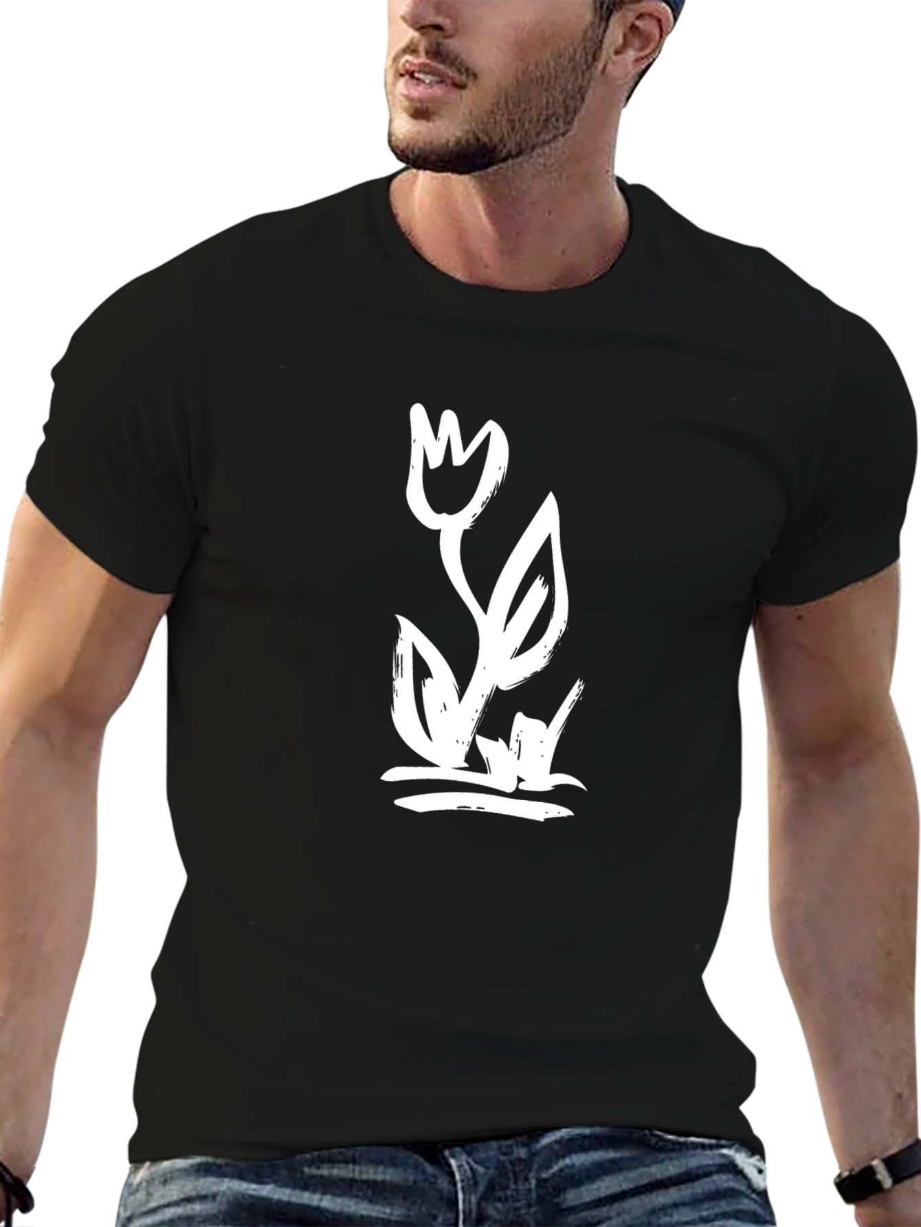 Black Graphic Tee with Artistic Flower Print