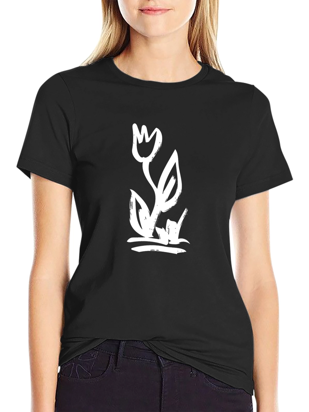 Black Graphic Tee with Artistic Flower Print