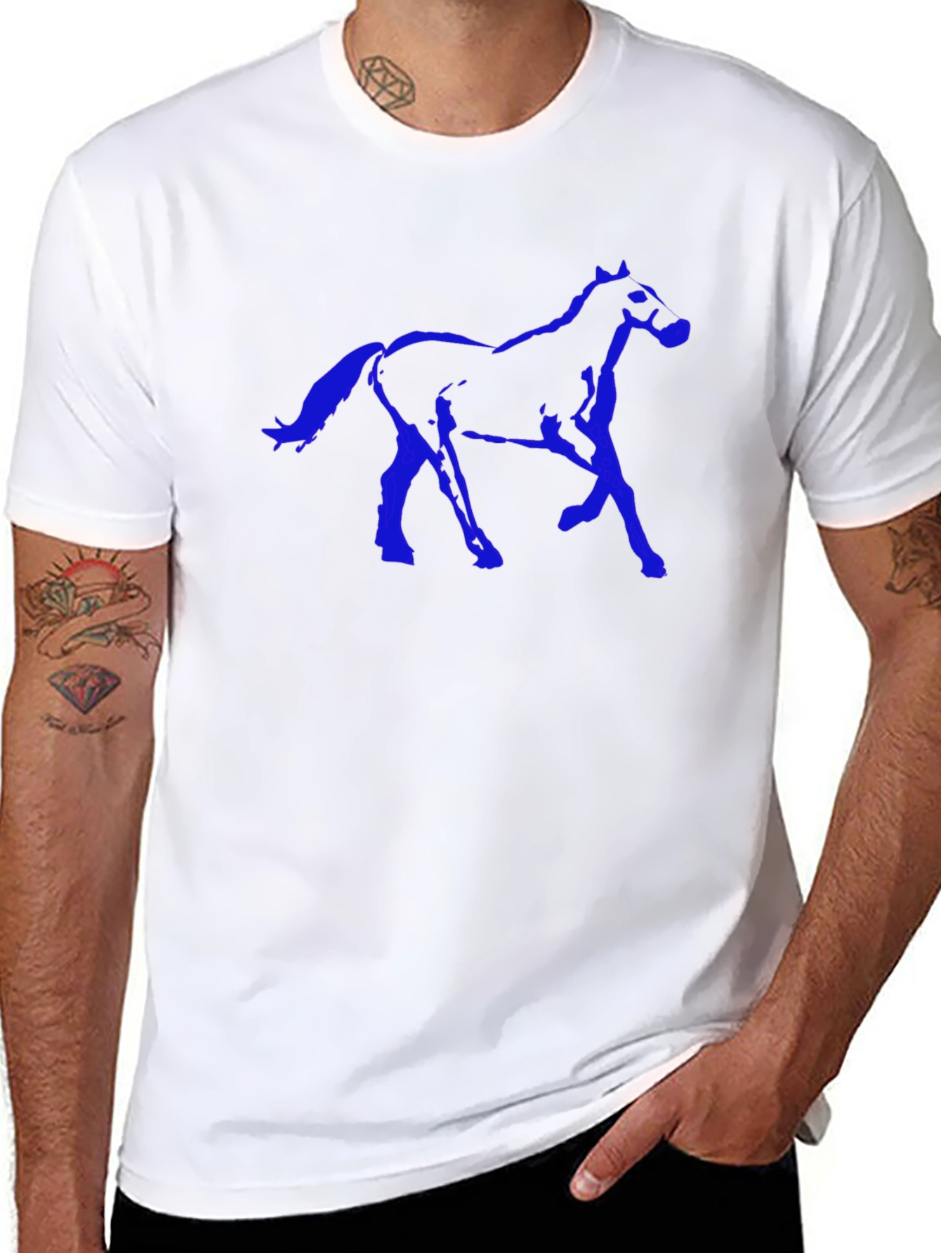 Black T-Shirt with Blue Horse Graphic