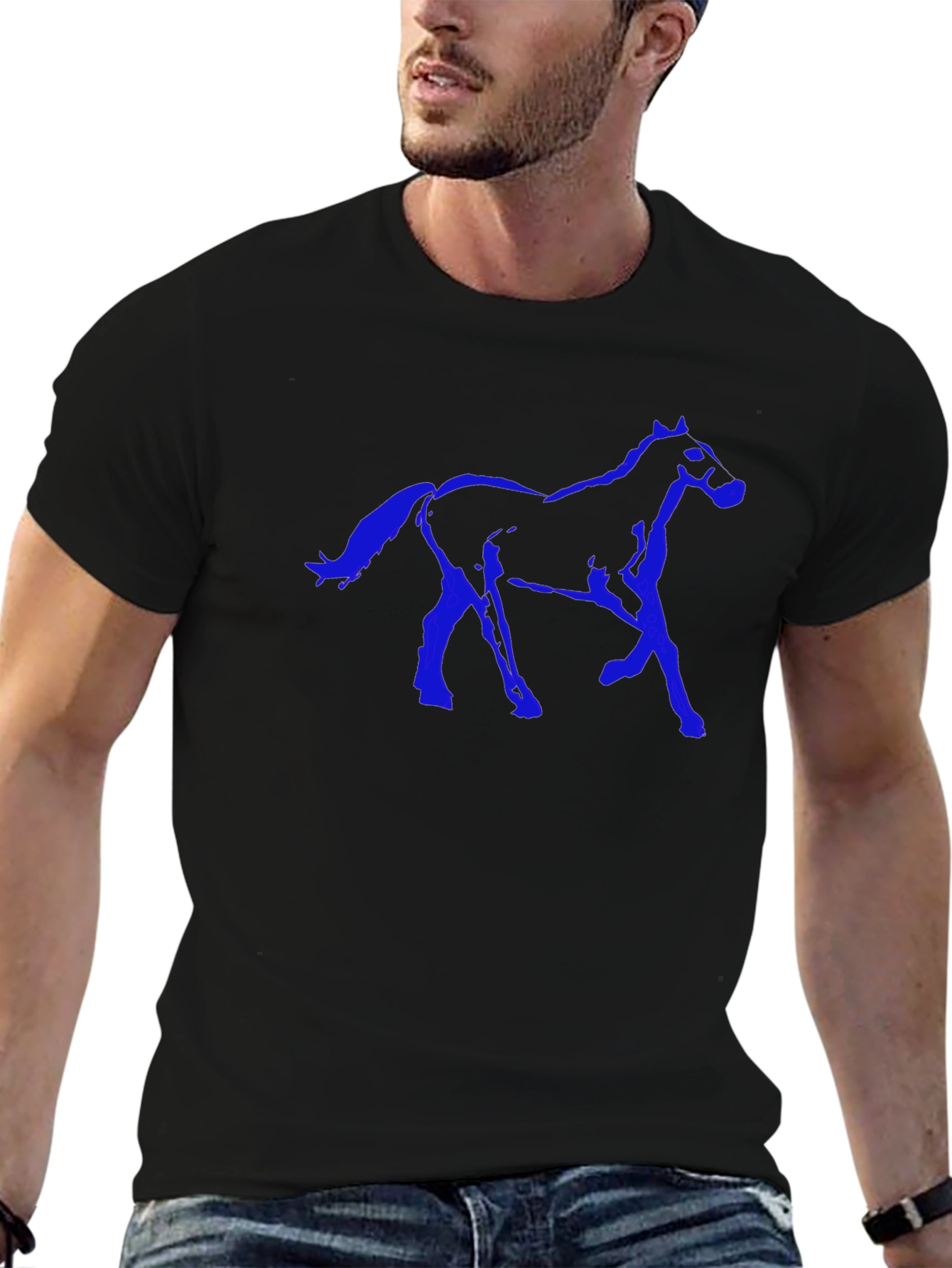 Black T-Shirt with Blue Horse Graphic