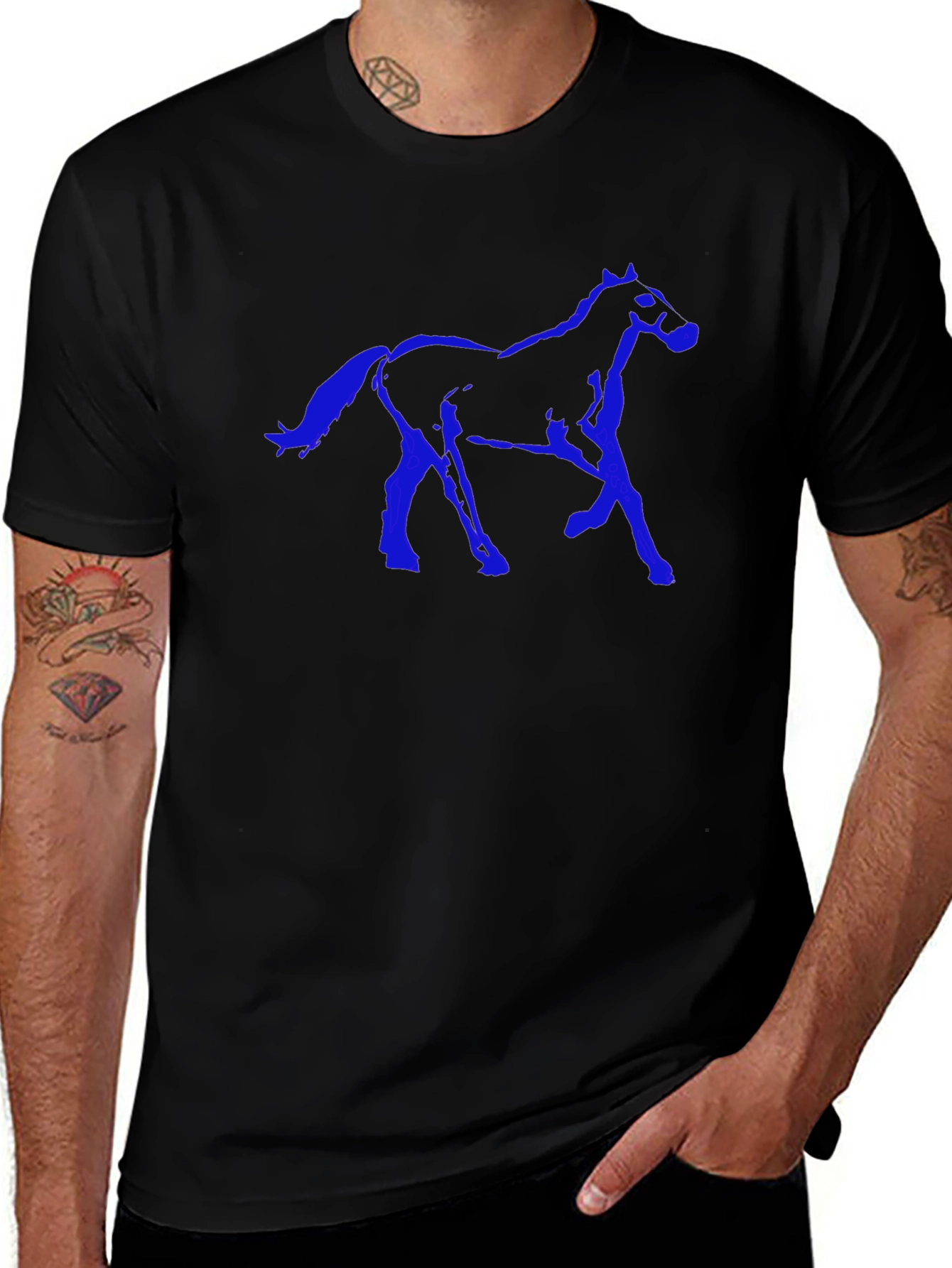 Black T-Shirt with Blue Horse Graphic