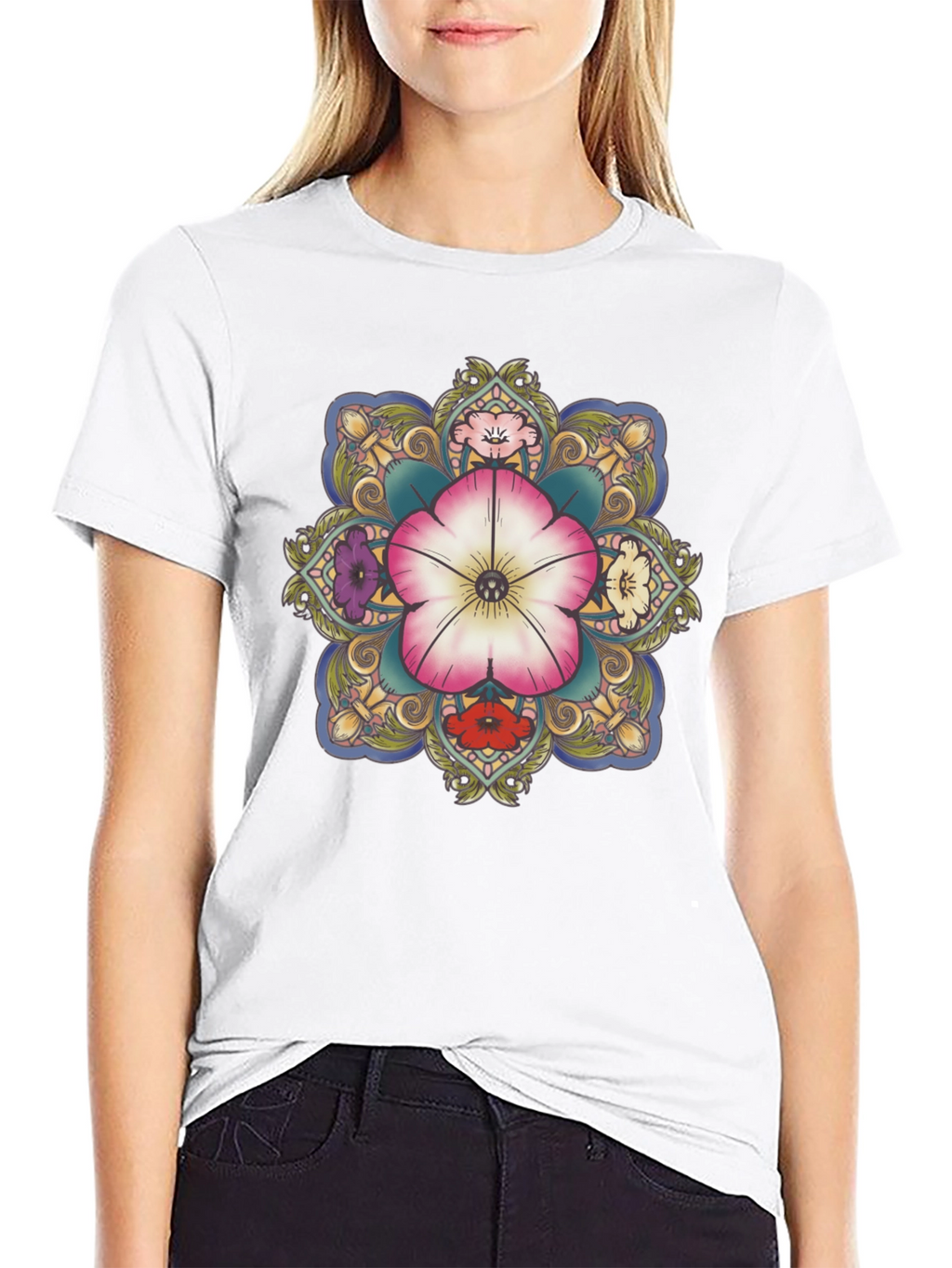 Floral Mandala Graphic T-Shirt - Black