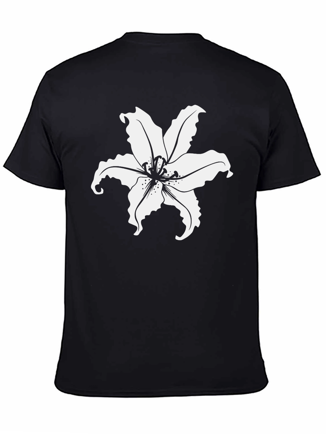 Black T-Shirt with White Lily Flower Print
