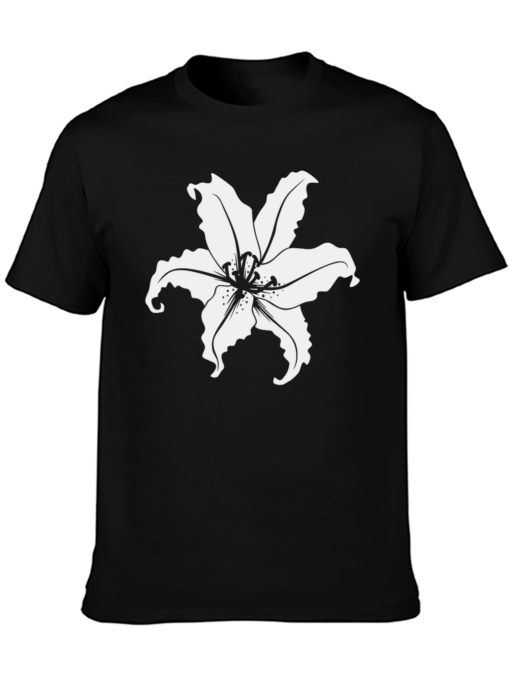 Black T-Shirt with White Lily Flower Print
