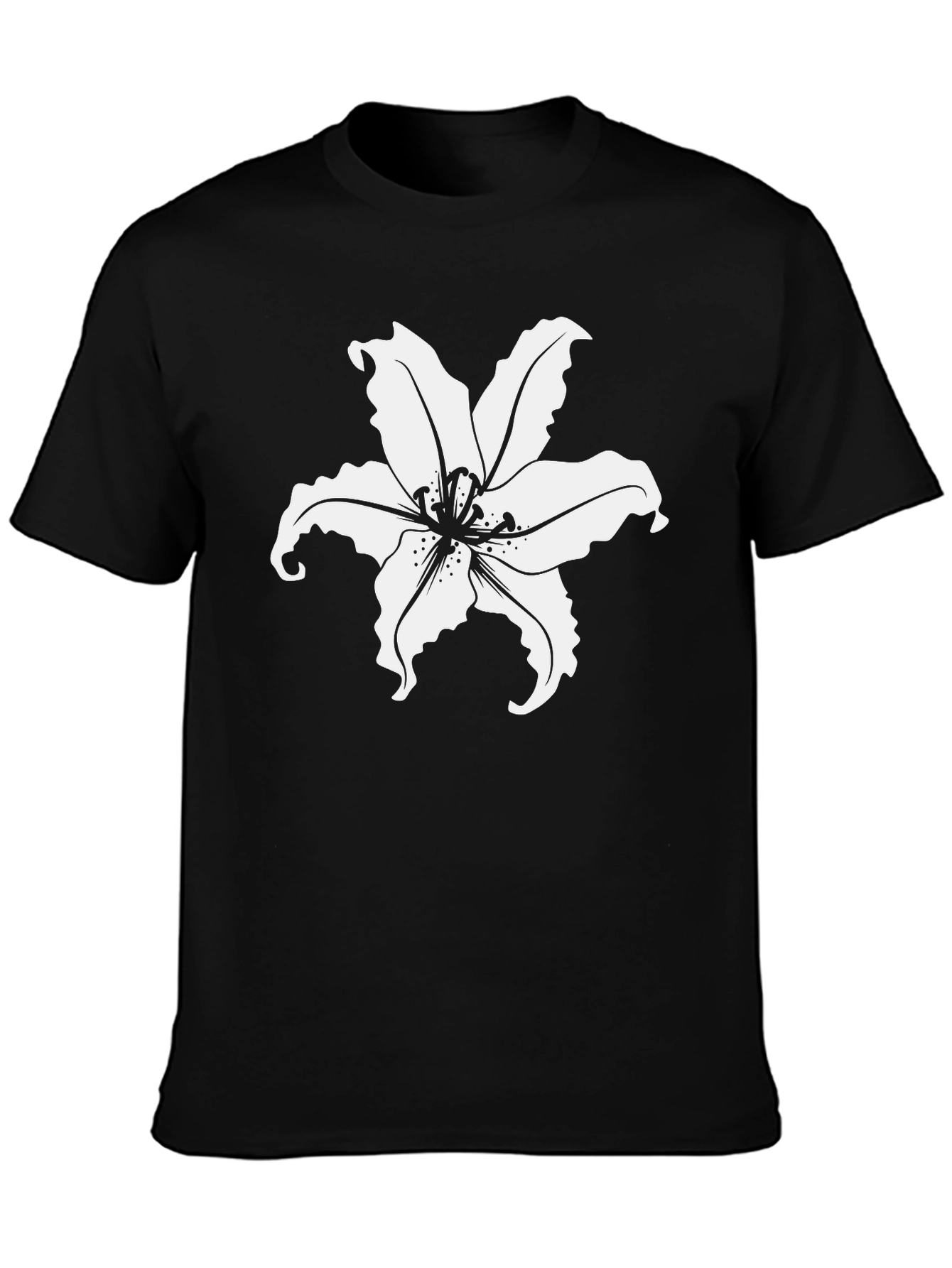 Black T-Shirt with White Lily Flower Print