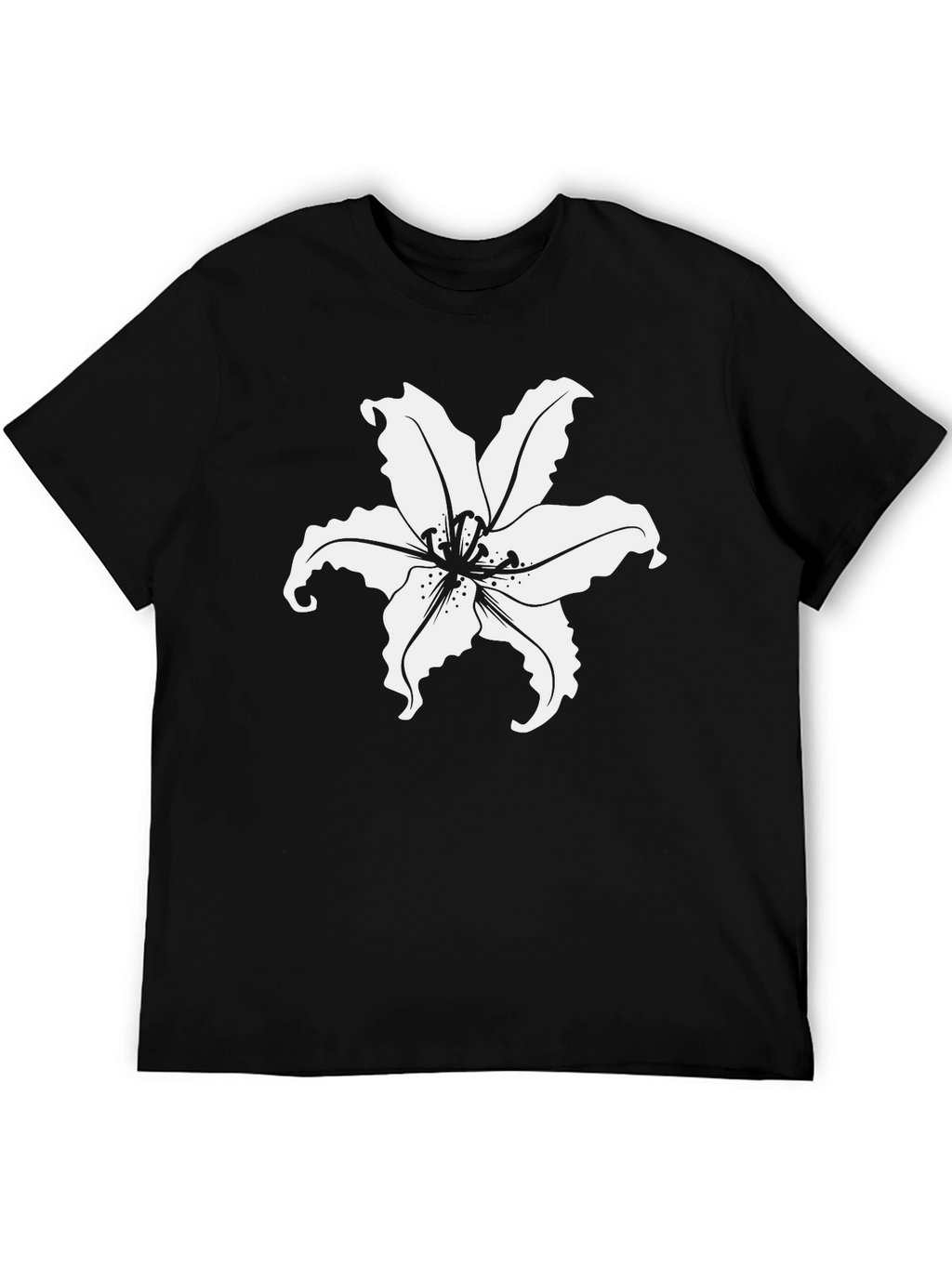 Black T-Shirt with White Lily Flower Print