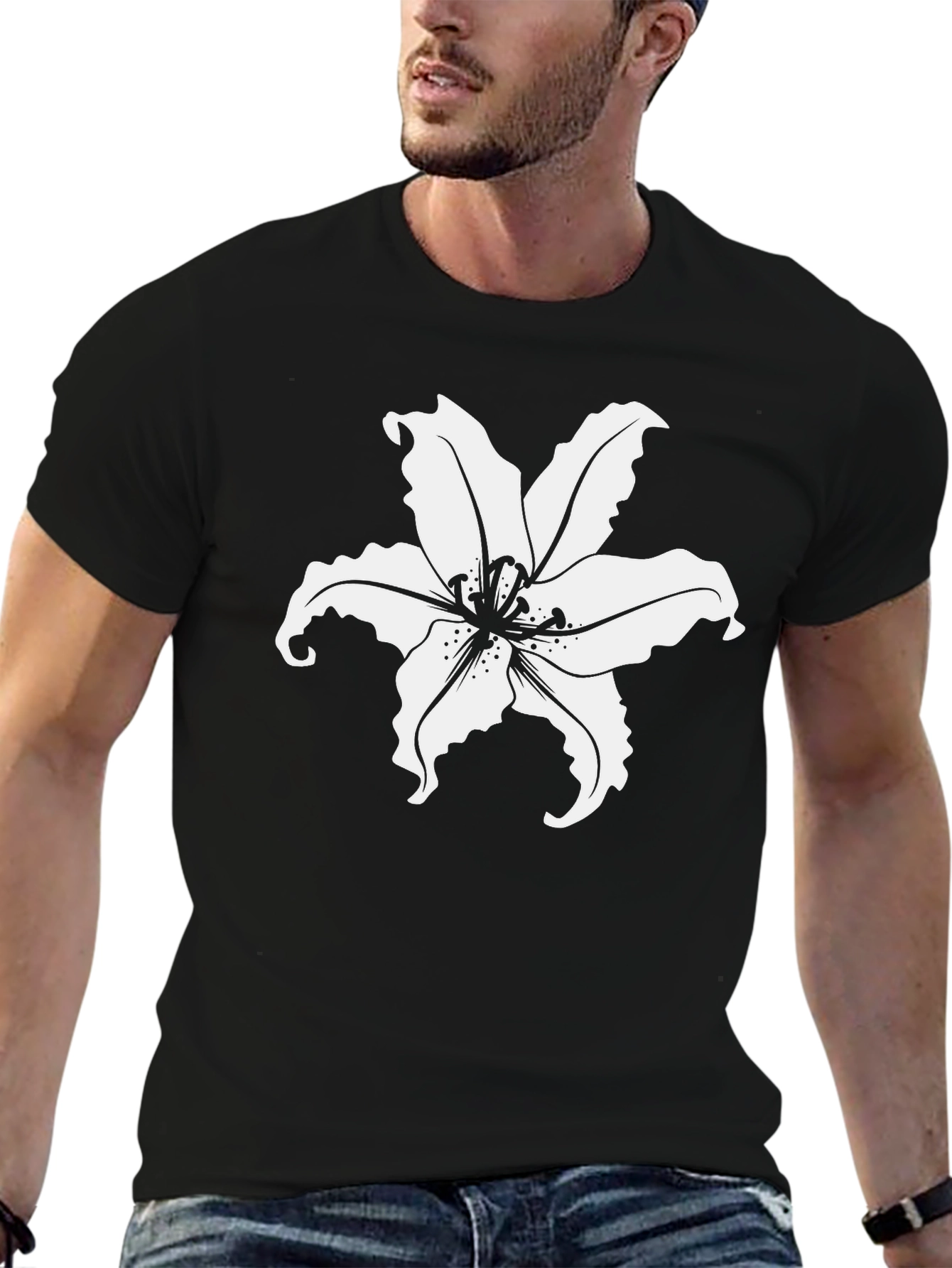 Black T-Shirt with White Lily Flower Print