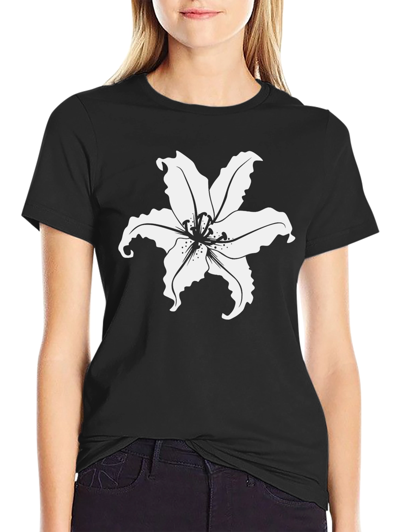 Black T-Shirt with White Lily Flower Print