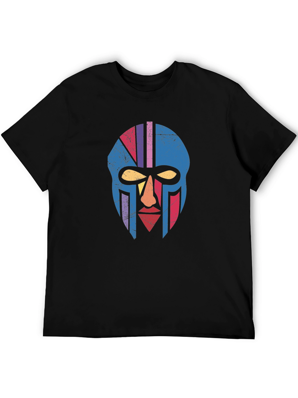 Retro Tribal Mask Graphic Tee - Black Cotton T-Shirt
