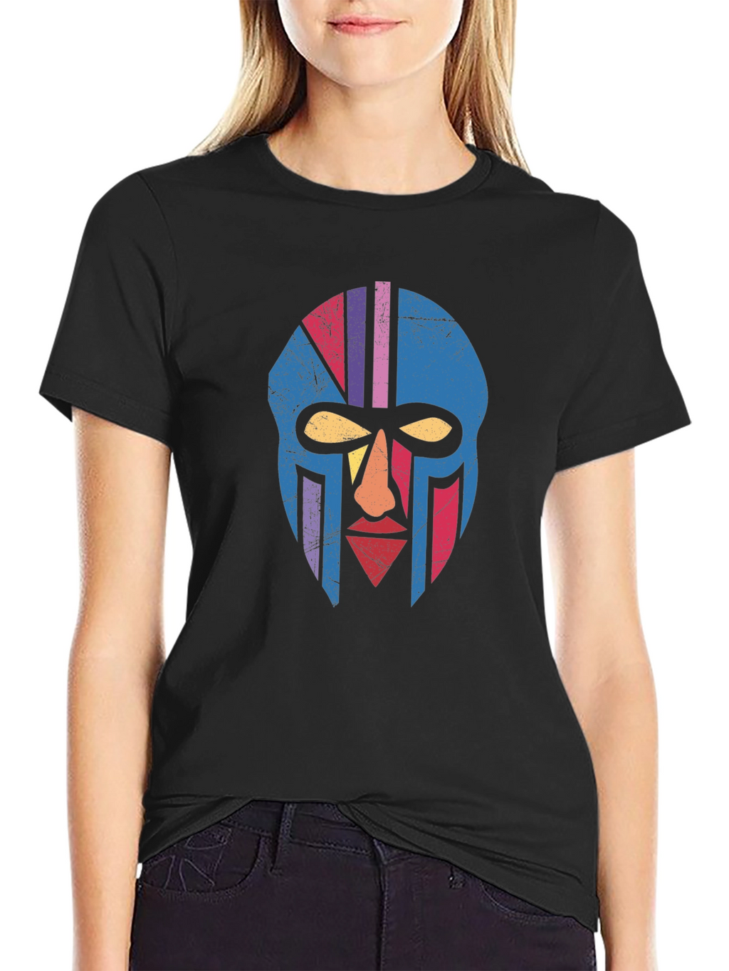 Retro Tribal Mask Graphic Tee - Black Cotton T-Shirt