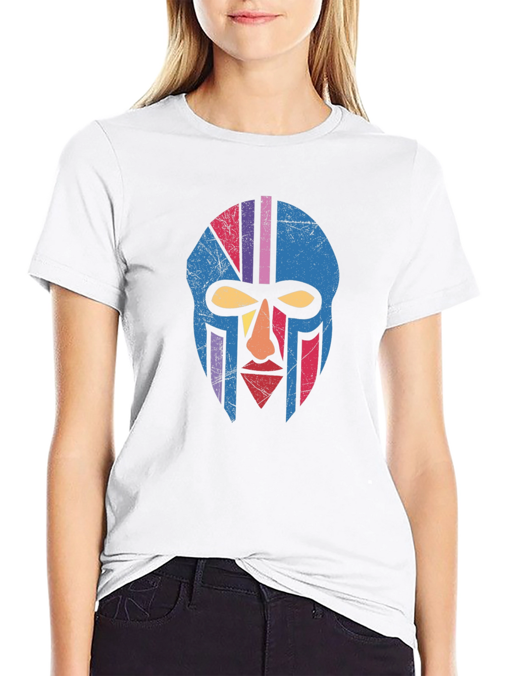 Retro Tribal Mask Graphic Tee - Black Cotton T-Shirt