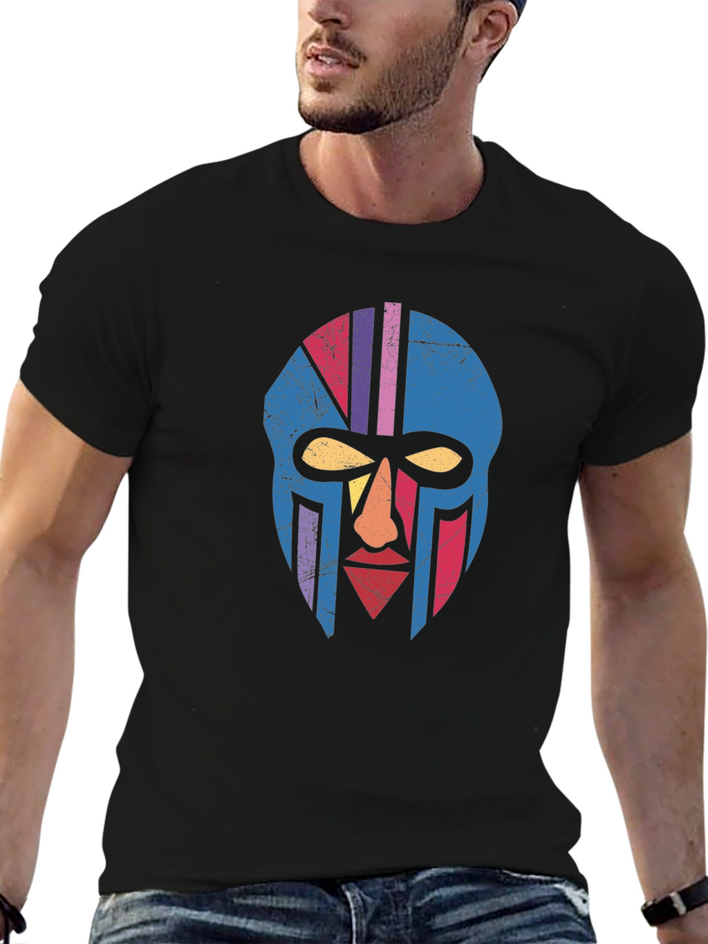 Retro Tribal Mask Graphic Tee - Black Cotton T-Shirt