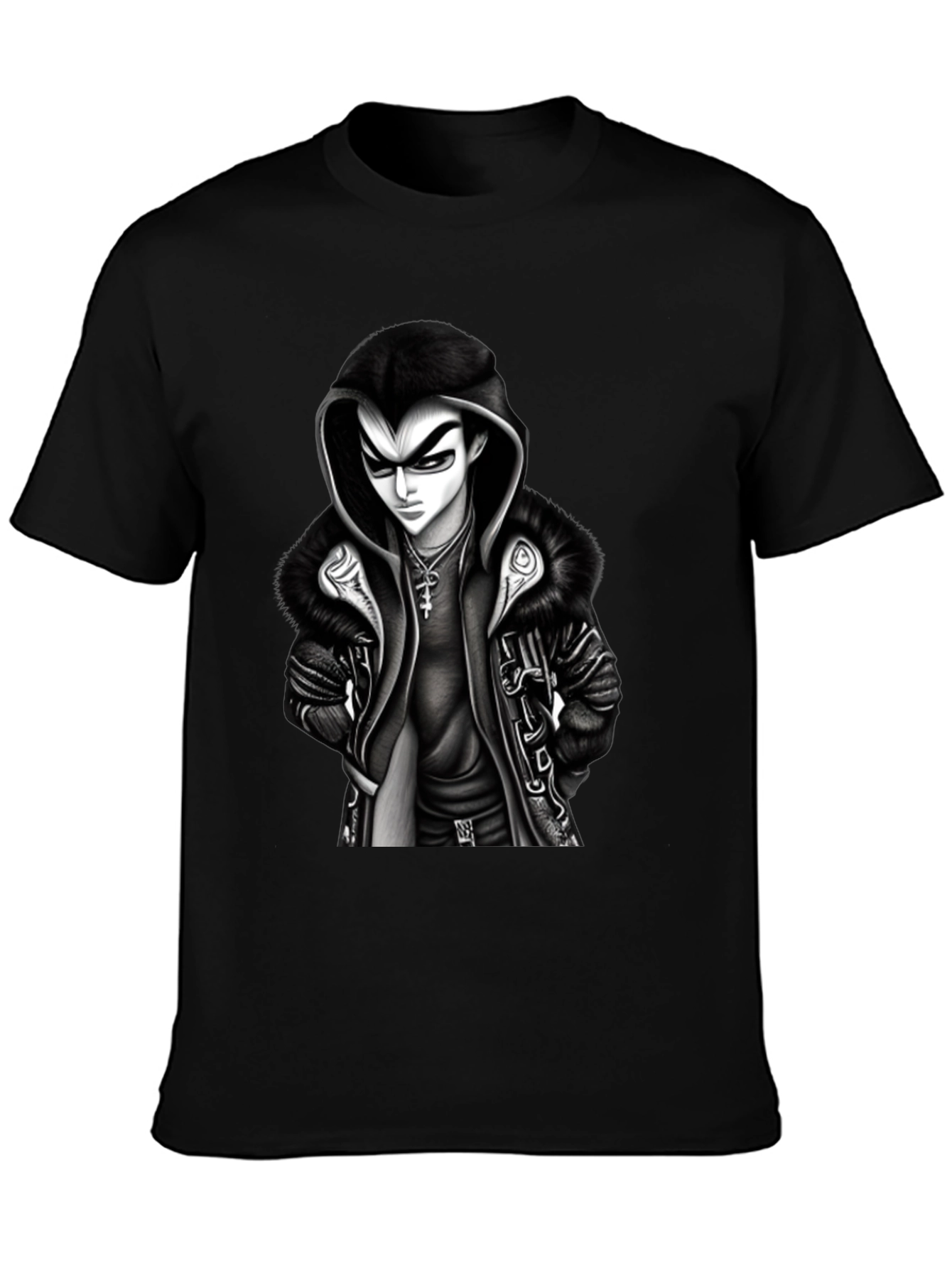 Hooded Anime Graphic Tee - Black