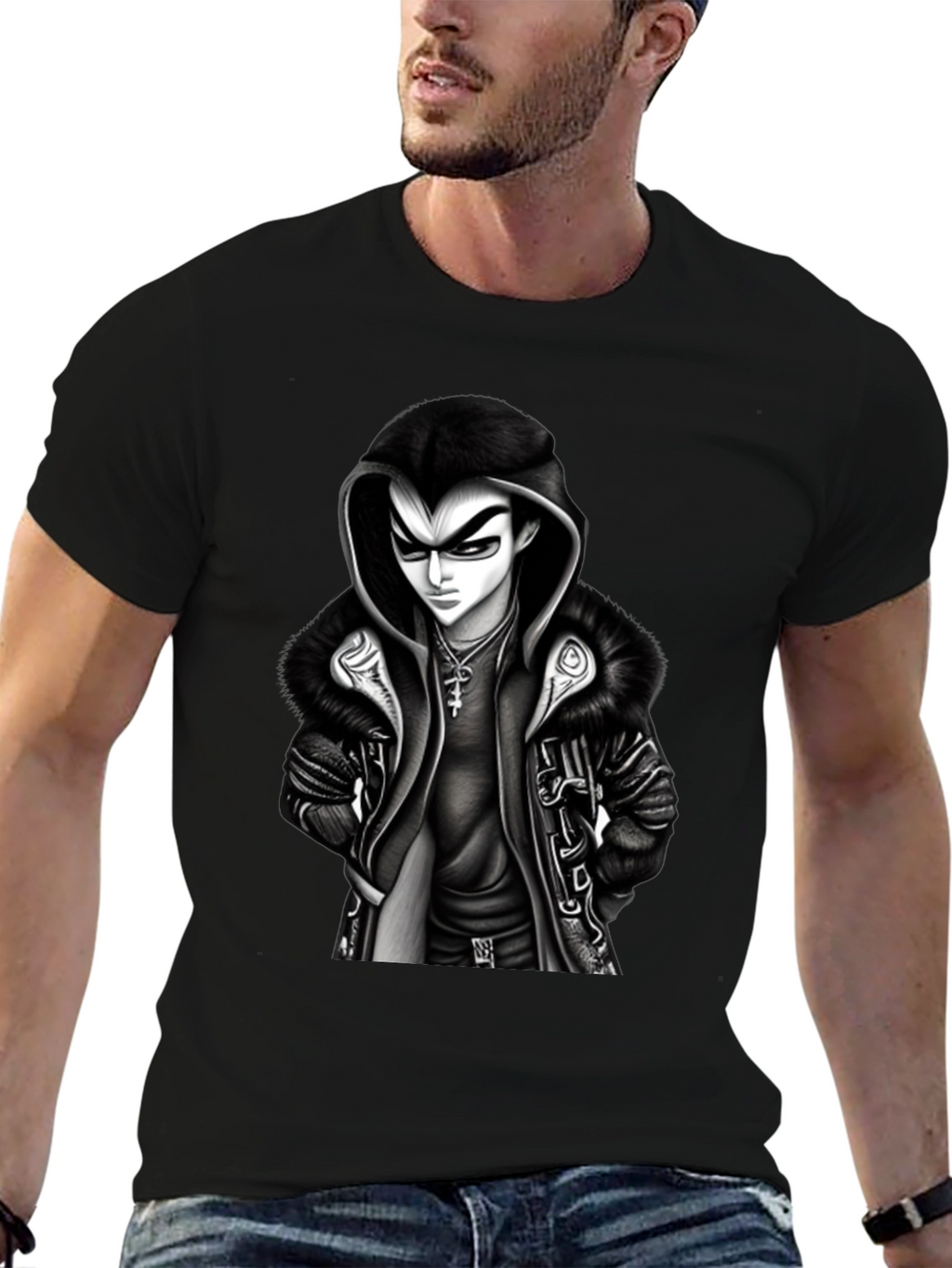 Hooded Anime Graphic Tee - Black