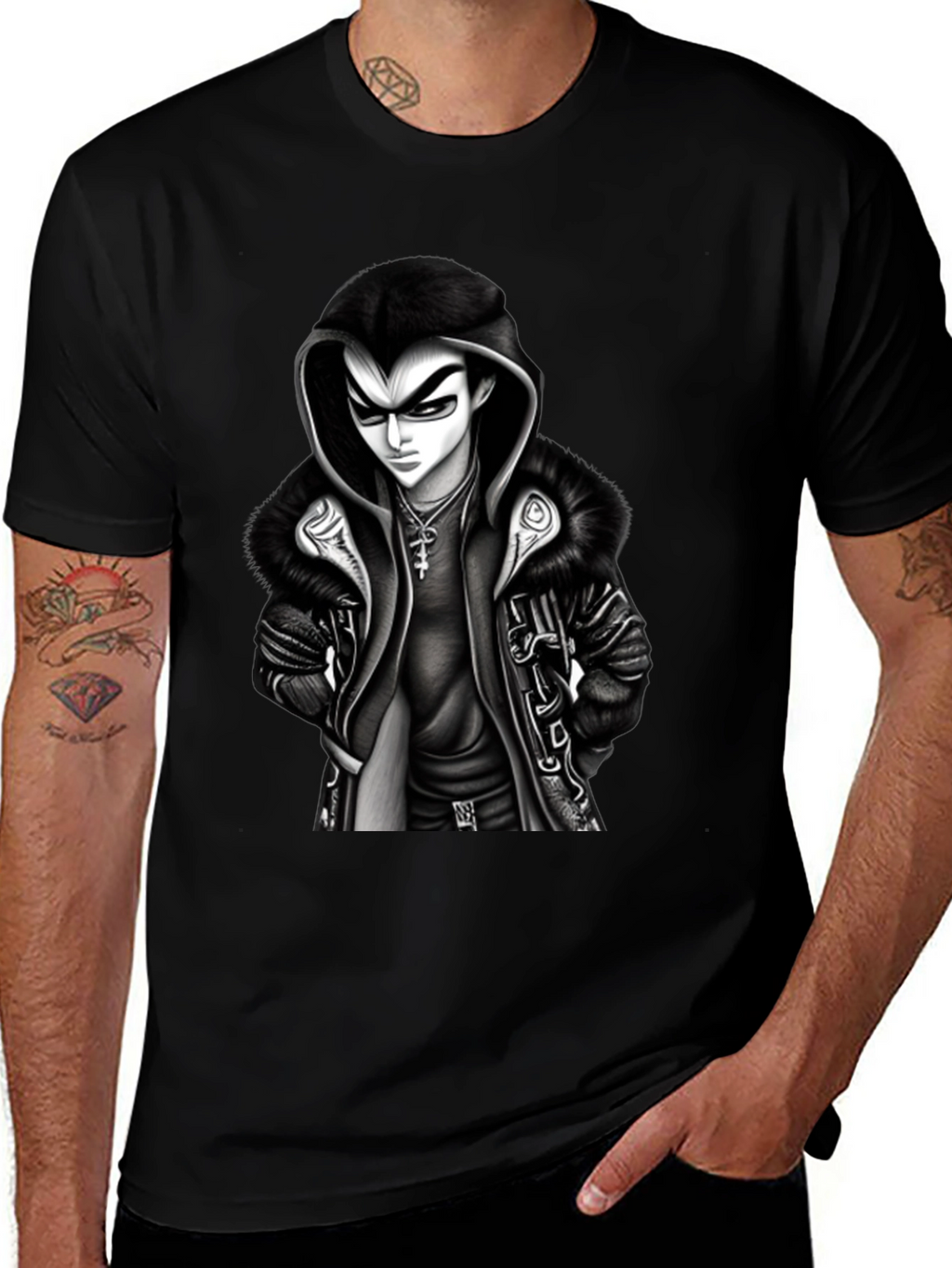 Hooded Anime Graphic Tee - Black