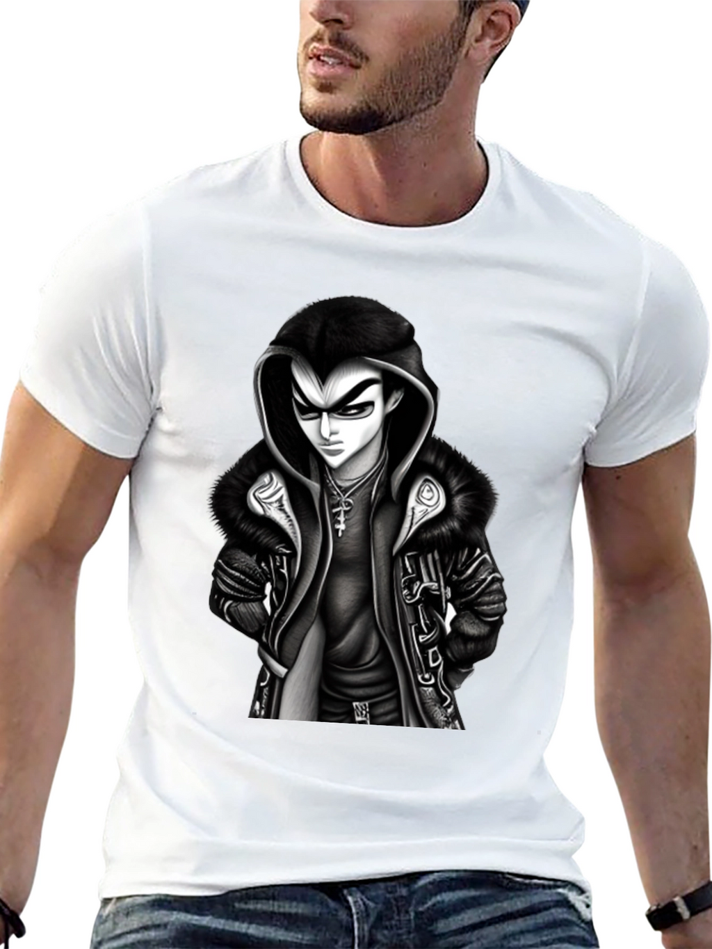 Hooded Anime Graphic Tee - Black