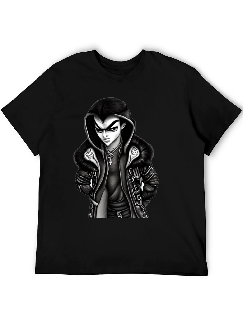 Hooded Anime Graphic Tee - Black