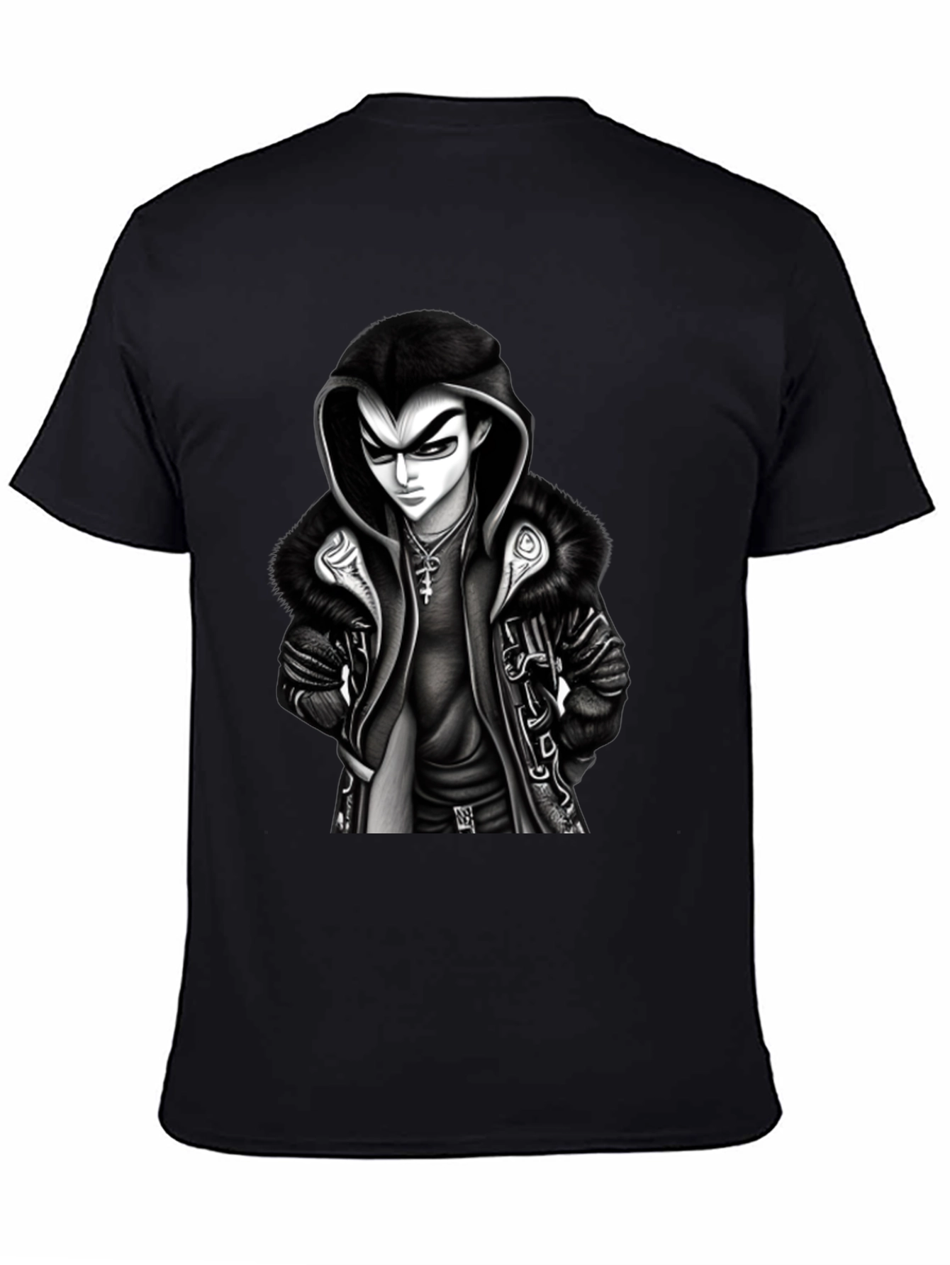 Hooded Anime Graphic Tee - Black