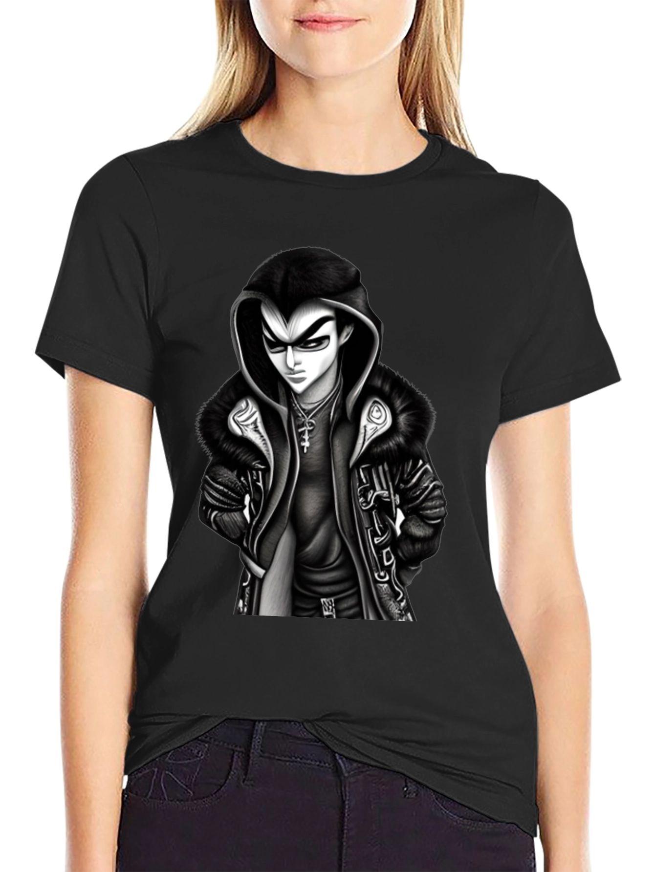 Hooded Anime Graphic Tee - Black