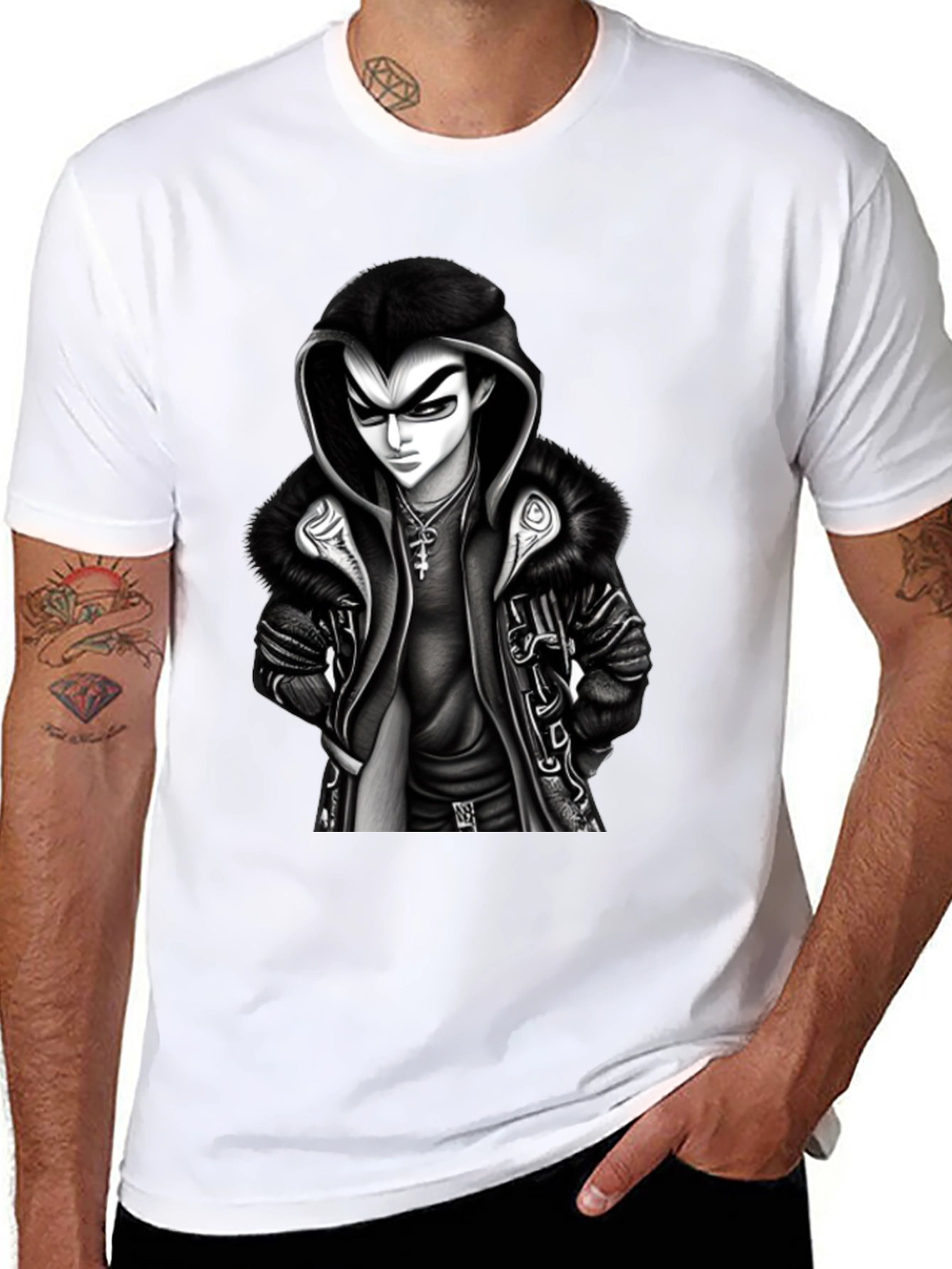 Hooded Anime Graphic Tee - Black