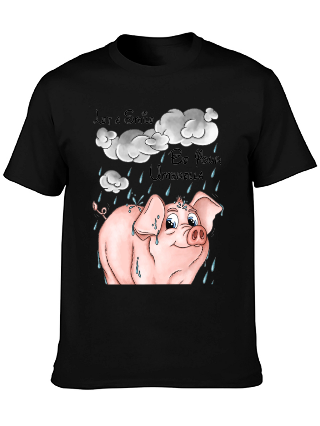 Smiling Pig in Rain Black Graphic T-Shirt