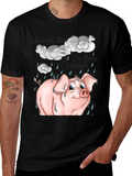 Smiling Pig in Rain Black Graphic T-Shirt