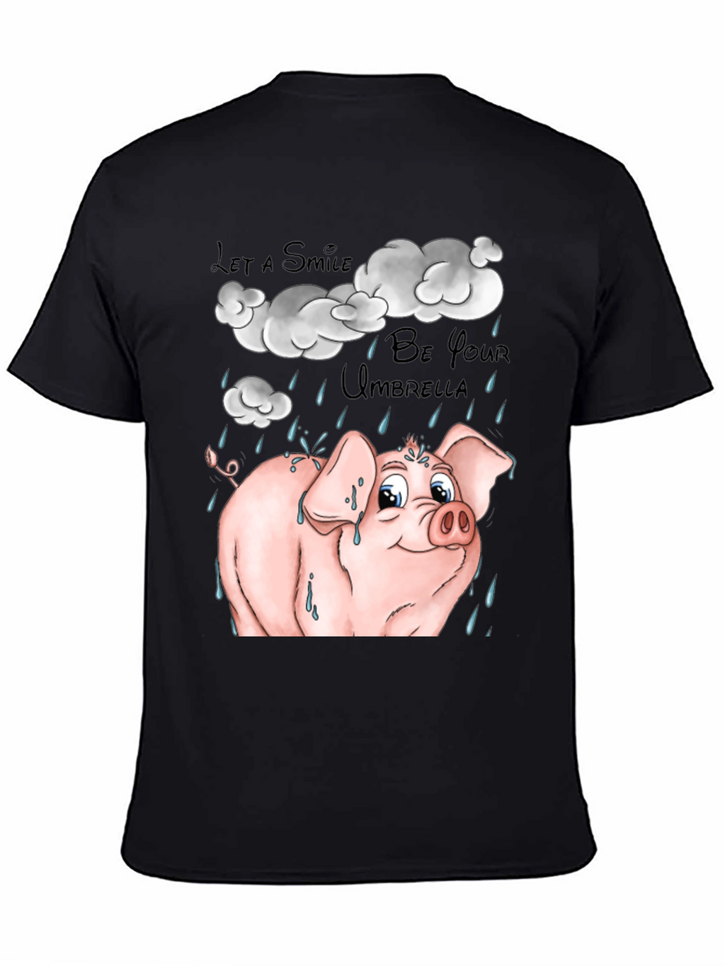 Smiling Pig in Rain Black Graphic T-Shirt
