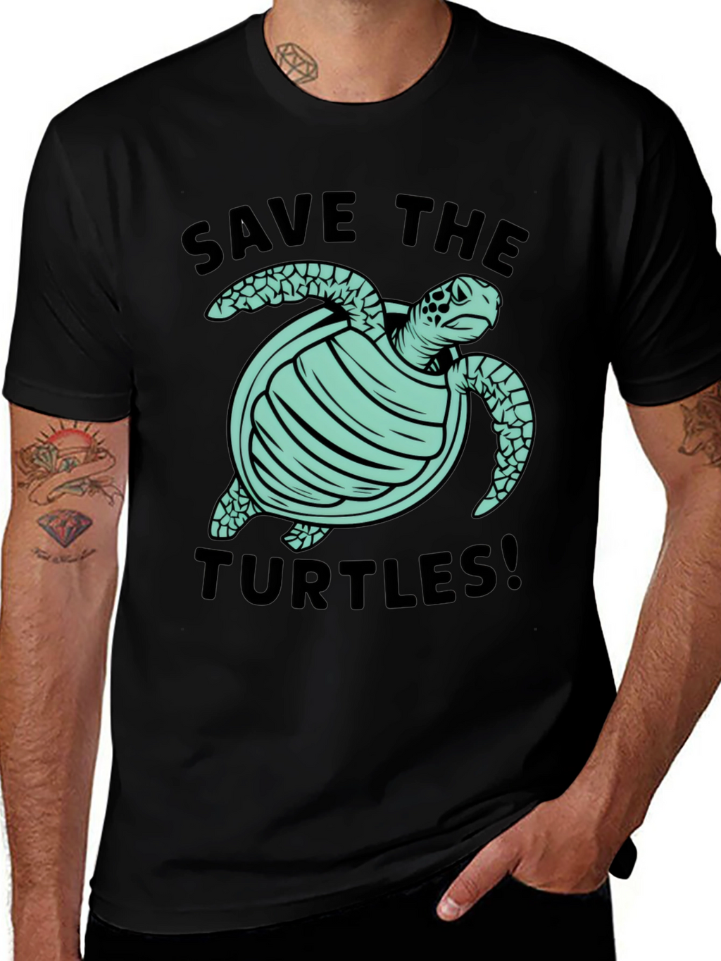 Save the Turtles Graphic Tee - Black Cotton T-Shirt