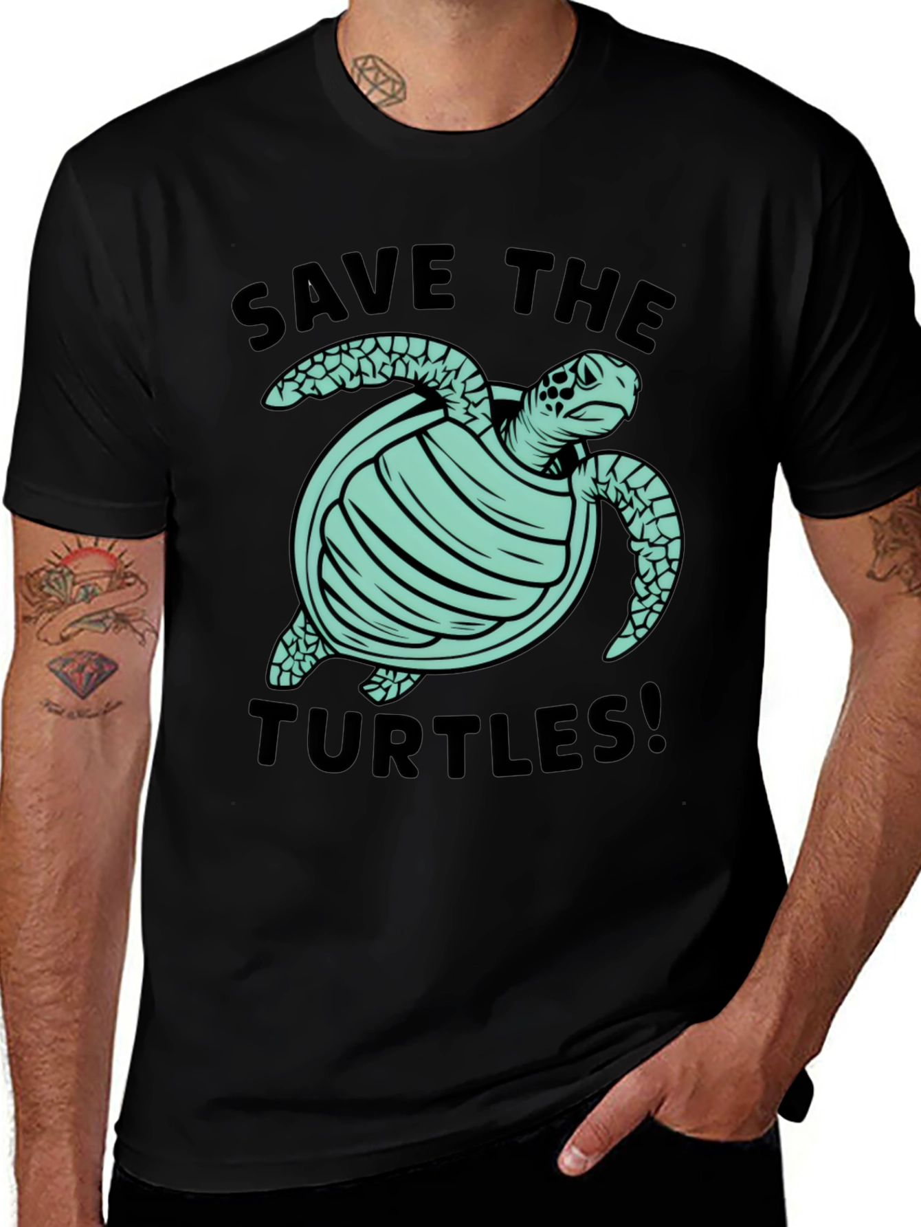 Save the Turtles Graphic Tee - Black Cotton T-Shirt