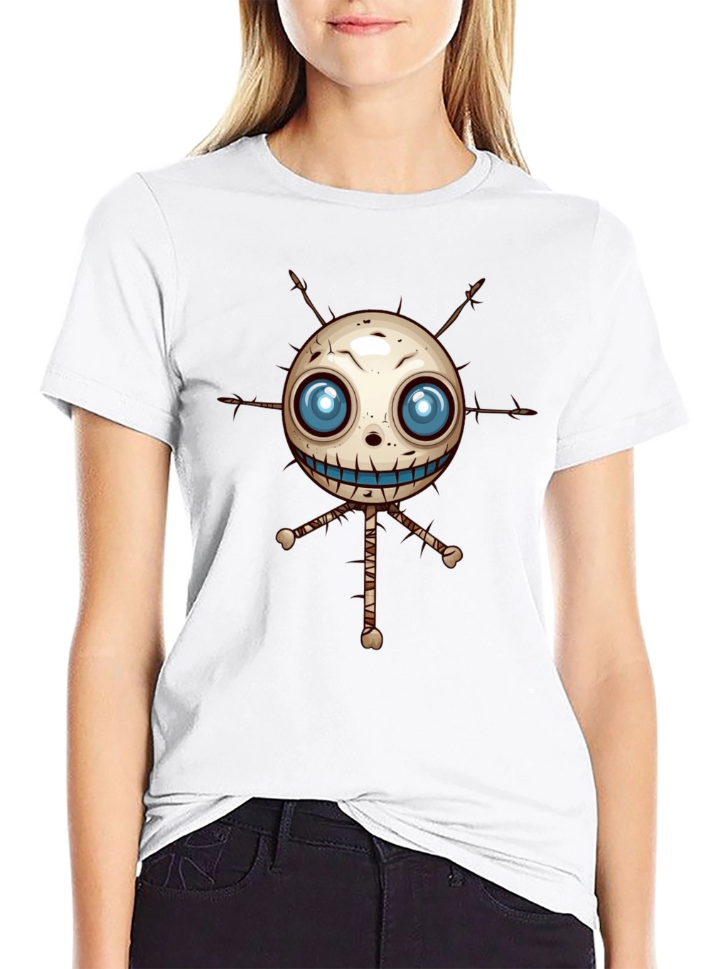Creepy Voodoo Doll Graphic Print Black T-Shirt