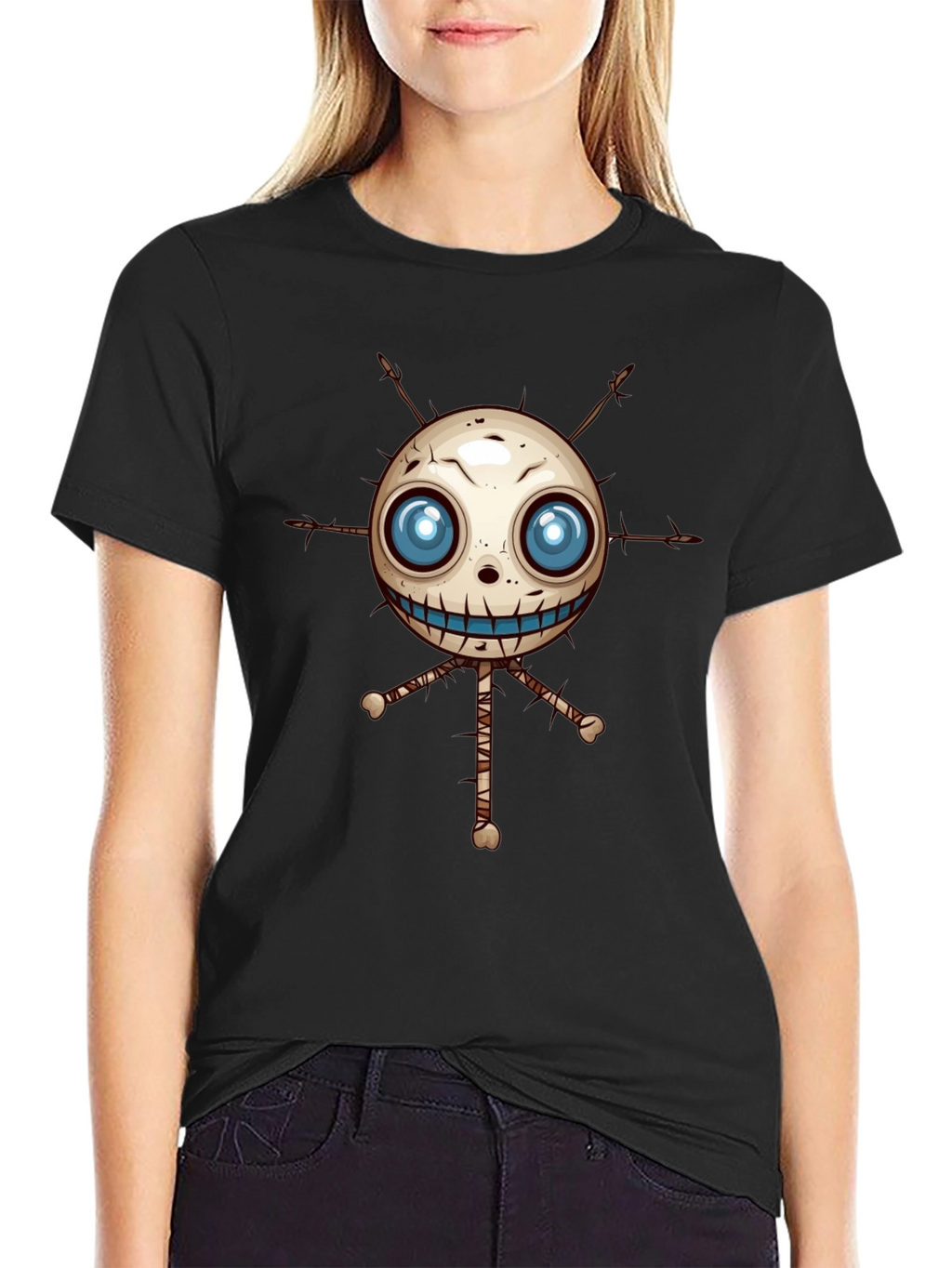 Creepy Voodoo Doll Graphic Print Black T-Shirt