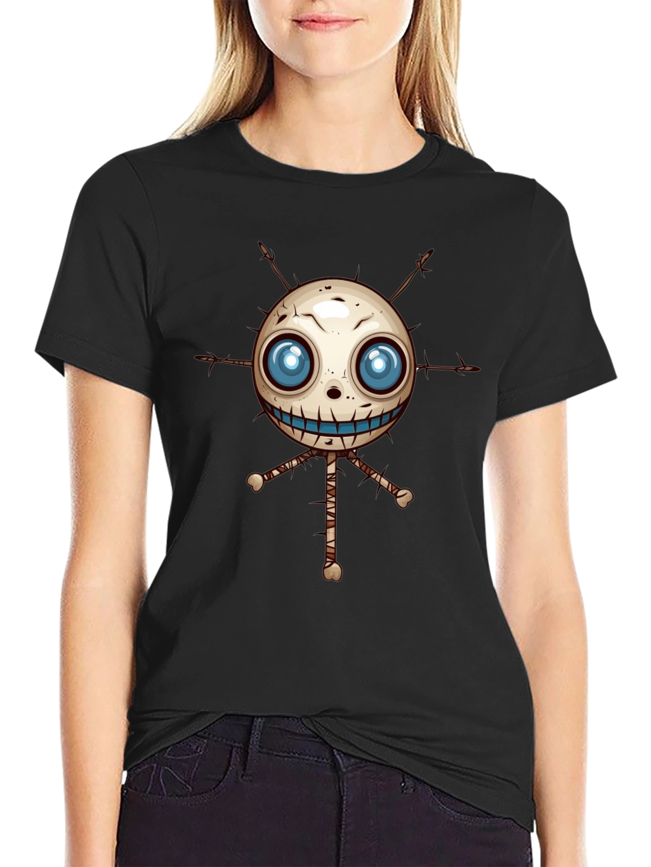 Creepy Voodoo Doll Graphic Print Black T-Shirt