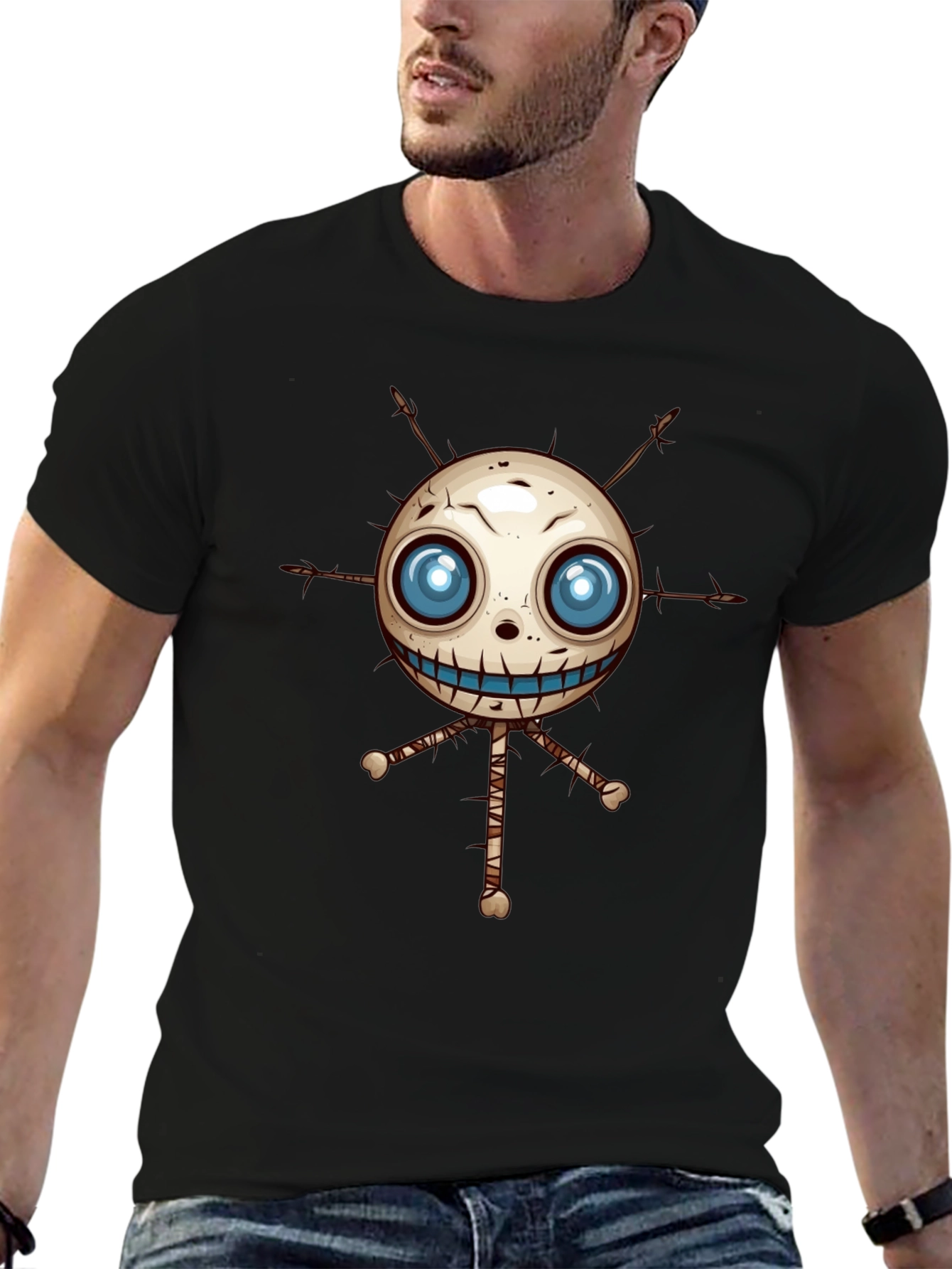 Creepy Voodoo Doll Graphic Print Black T-Shirt